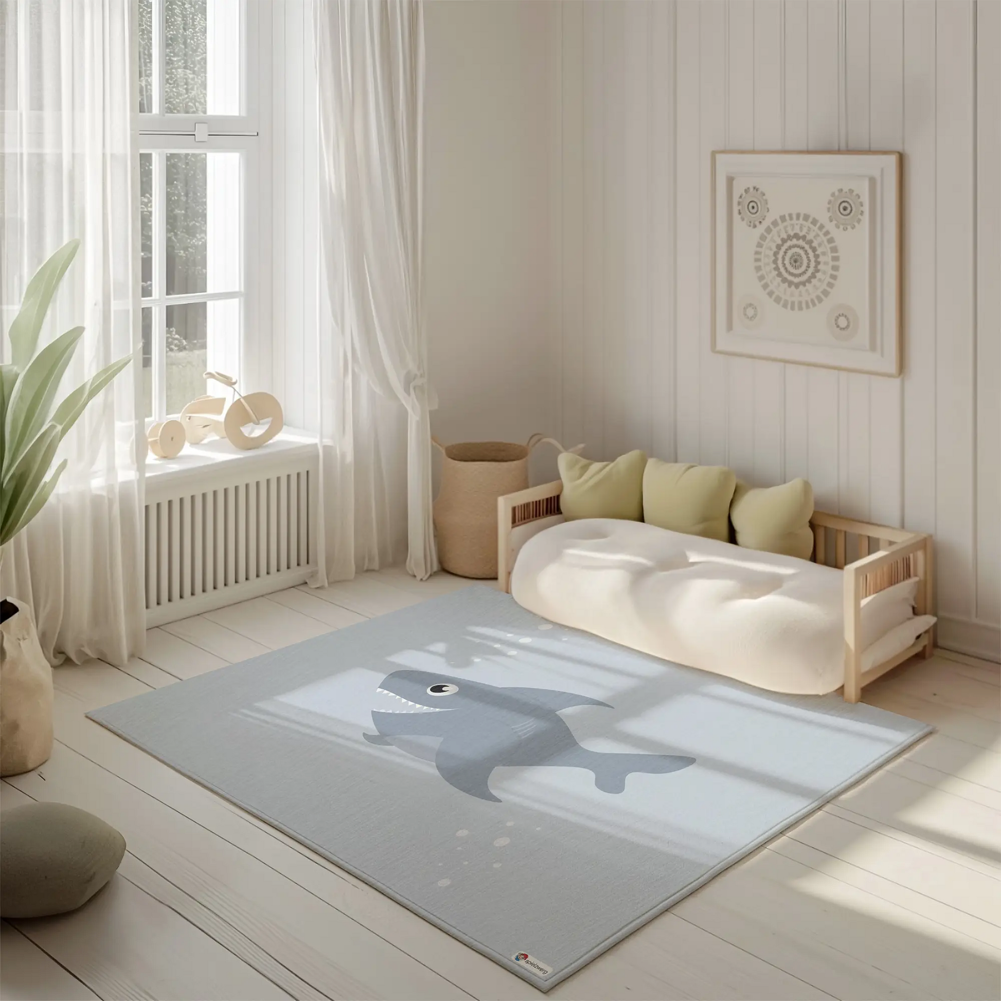 Kinderteppich "Süßer Hai" von spielzwerg. Ambientebild von einem hellen, freundlichen Kinderzimmer mit weißen Holzwänden und hellem Holzboden. In der Ecke steht ein niedriges Holzbett mit weißen Decken und hellgrünen Kissen. Davor liegt der Teppich. Links steht ein kleines Holzspielzeugrad am Fenster mit weißen Vorhängen. An der Wand hängt ein gerahmtes Bild mit einem dezenten, kreisförmigen Muster. RUG-00195-XL, RUG-00195-L.