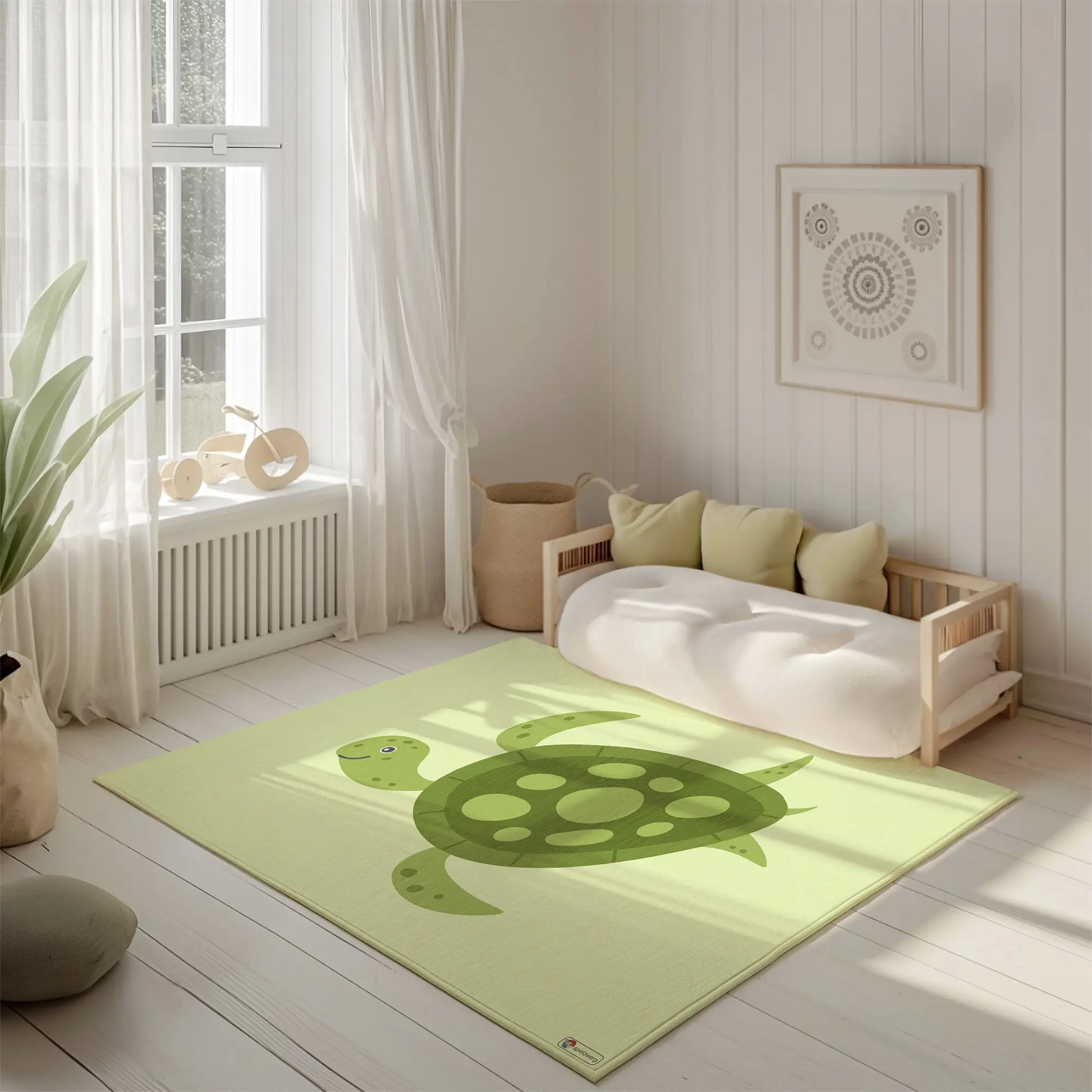 Kinderteppich "Schildi" von spielzwerg. Ambientebild von einem hellen, freundlichen Kinderzimmer mit weißen Holzwänden und hellem Holzboden. In der Ecke steht ein niedriges Holzbett mit weißen Decken und hellgrünen Kissen. Davor liegt der Teppich. Links steht ein kleines Holzspielzeugrad am Fenster mit weißen Vorhängen. An der Wand hängt ein gerahmtes Bild mit einem dezenten, kreisförmigen Muster. RUG-00194-XL, RUG-00194-L.