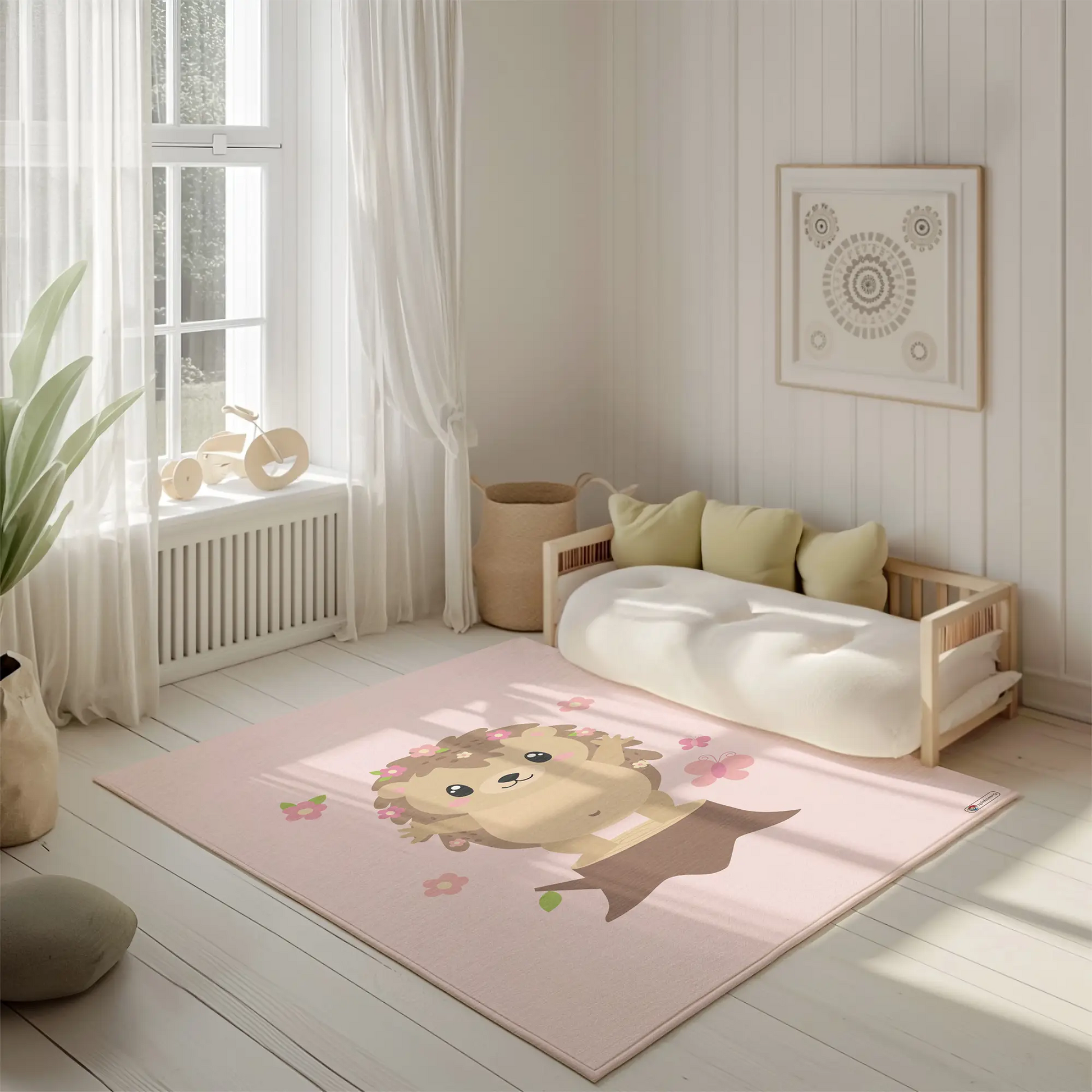 Kinderteppich "Iggy" von spielzwerg. Ambientebild von einem hellen, freundlichen Kinderzimmer mit weißen Holzwänden und hellem Holzboden. In der Ecke steht ein niedriges Holzbett mit weißen Decken und hellgrünen Kissen. Davor liegt der Teppich. Links steht ein kleines Holzspielzeugrad am Fenster mit weißen Vorhängen. An der Wand hängt ein gerahmtes Bild mit einem dezenten, kreisförmigen Muster. RUG-00025-XL, RUG-00025-L.