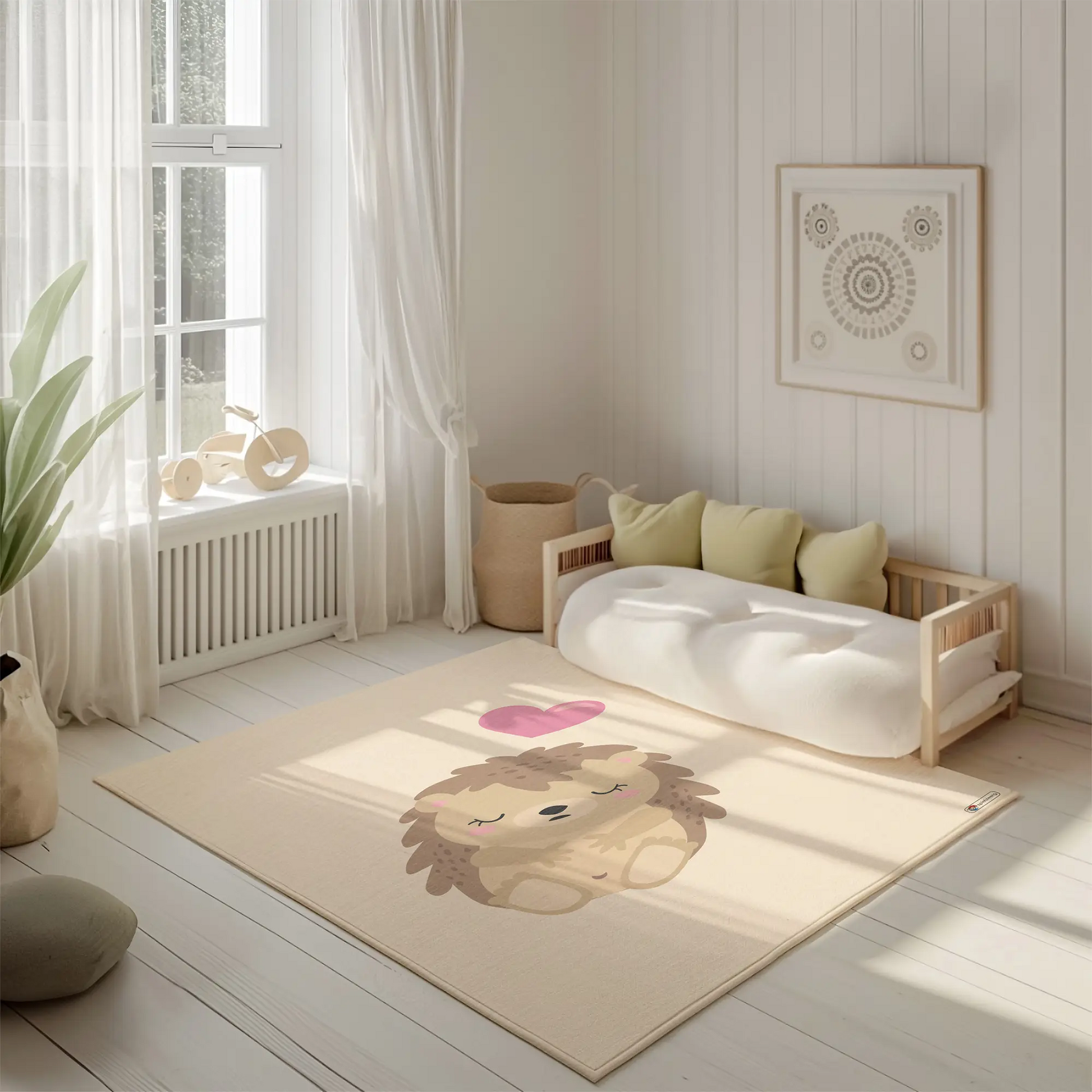 Kinderteppich "Schlummernder Igel" von spielzwerg. Ambientebild von einem hellen, freundlichen Kinderzimmer mit weißen Holzwänden und hellem Holzboden. In der Ecke steht ein niedriges Holzbett mit weißen Decken und hellgrünen Kissen. Davor liegt der Teppich. Links steht ein kleines Holzspielzeugrad am Fenster mit weißen Vorhängen. An der Wand hängt ein gerahmtes Bild mit einem dezenten, kreisförmigen Muster. RUG-00024-XL, RUG-00024-L.