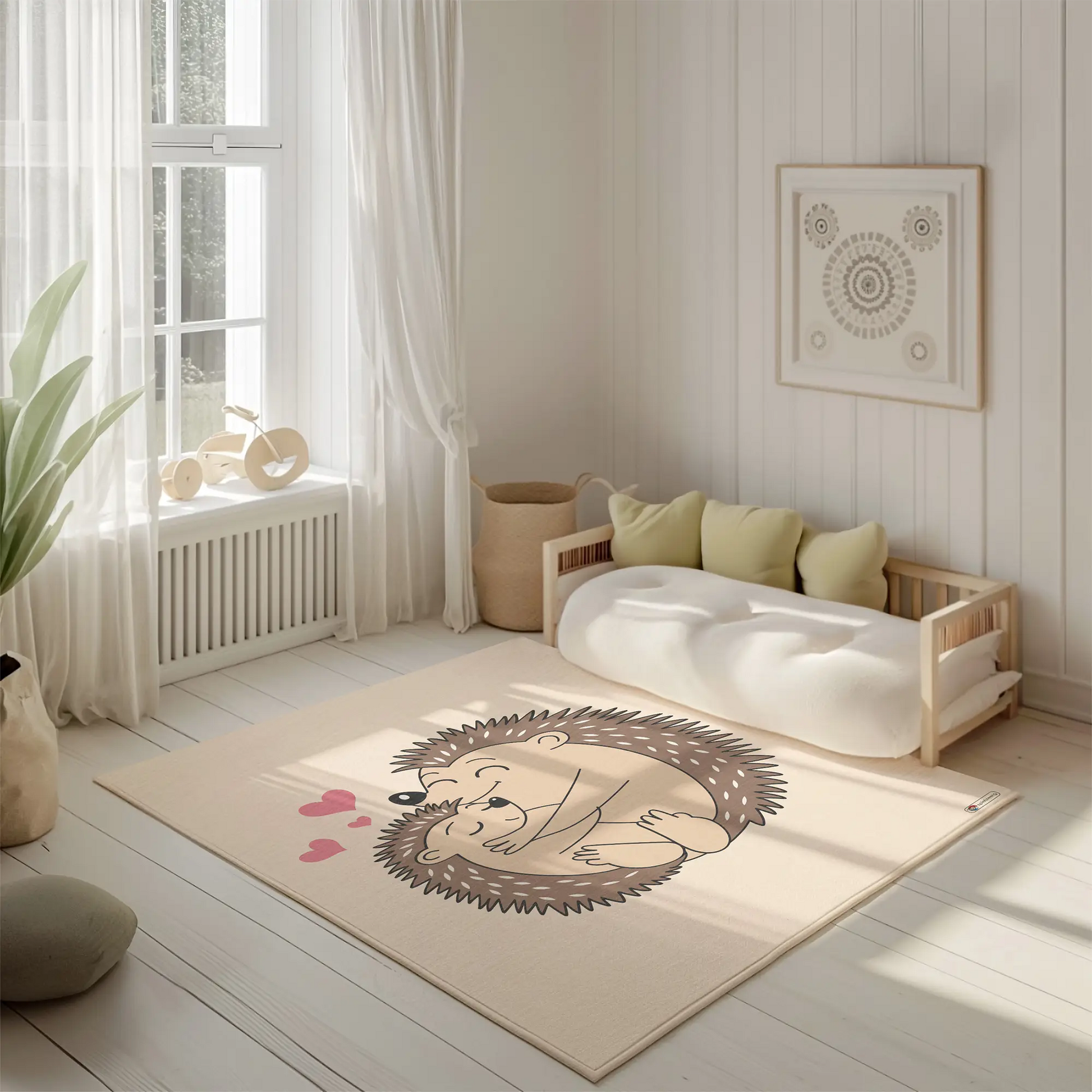 Kinderteppich "Pieksende Umarmung" von spielzwerg. Ambientebild von einem hellen, freundlichen Kinderzimmer mit weißen Holzwänden und hellem Holzboden. In der Ecke steht ein niedriges Holzbett mit weißen Decken und hellgrünen Kissen. Davor liegt der Teppich. Links steht ein kleines Holzspielzeugrad am Fenster mit weißen Vorhängen. An der Wand hängt ein gerahmtes Bild mit einem dezenten, kreisförmigen Muster. RUG-00023-XL, RUG-00023-L.