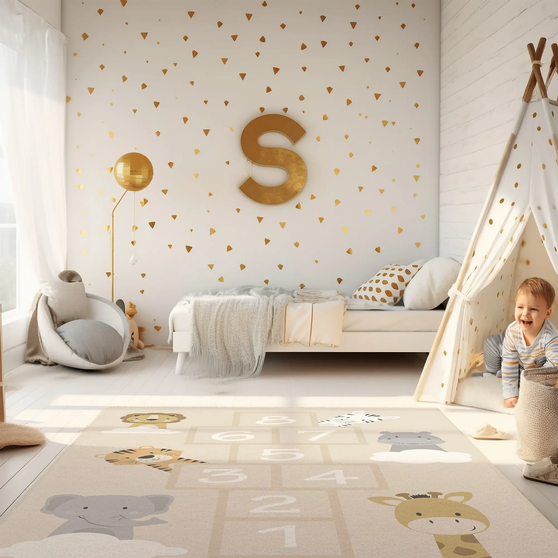 Spielteppich "Hüpfspiel Tiere" von spielzwerg. Ambientebild von einem hellen Kinderzimmer mit weißem Holzboden und weißen Wänden, dekoriert mit goldenen Dreiecken und einem großen goldenen Buchstaben 'S'. Links steht ein gemütlicher Sessel mit Kissen und Decke, daneben eine goldene Stehlampe. In der Mitte liegt der Teppich. Rechts sitzt ein lachender Junge in einem weißen Spielzelt mit goldenen Punkten. Im Hintergrund ein schlichtes Bett mit weißer Decke und goldenen Akzenten. RUG-00162-XL, RUG-00162-L.