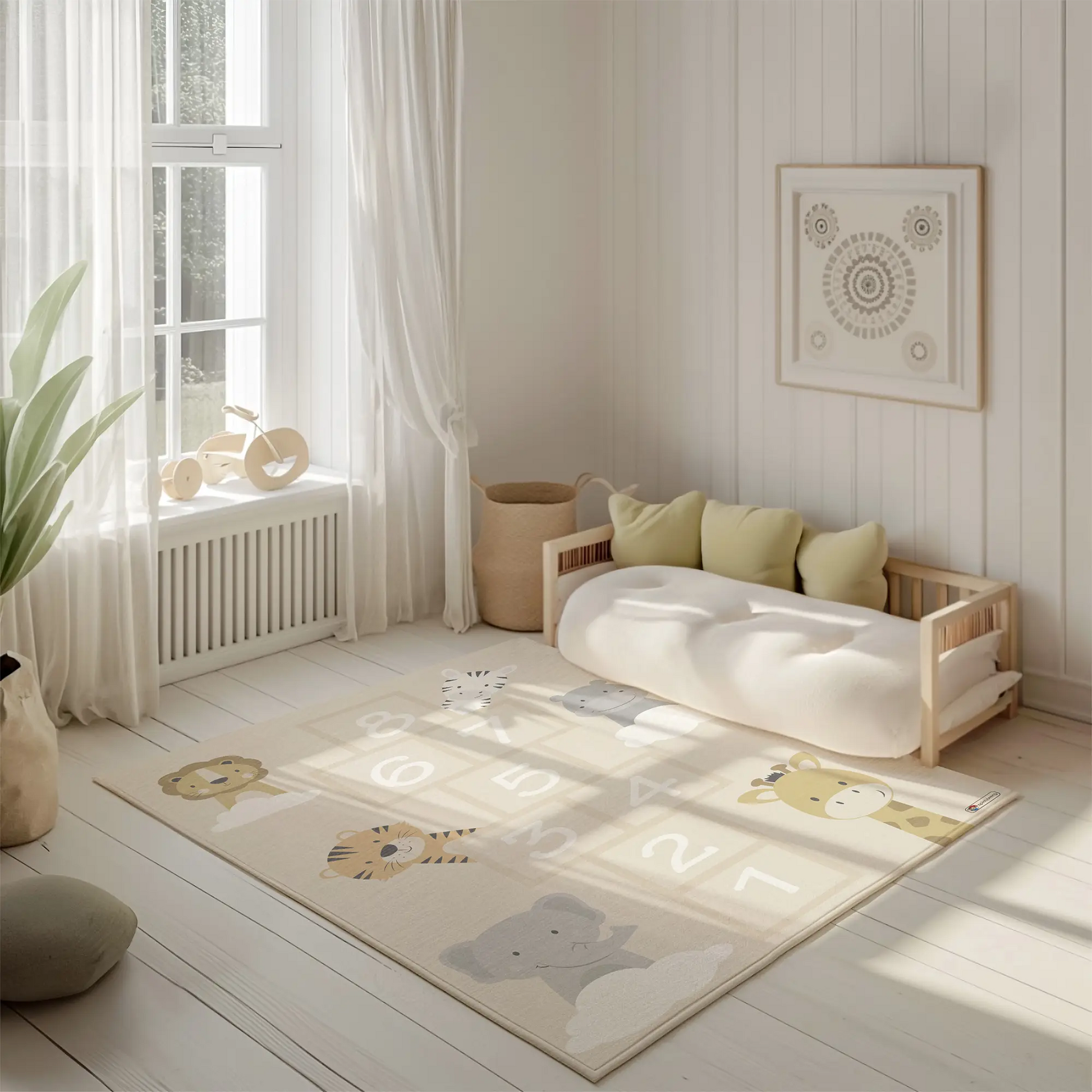 Spielteppich "Hüpfspiel Tiere" von spielzwerg. Ambientebild von einem hellen, freundlichen Kinderzimmer mit weißen Holzwänden und hellem Holzboden. In der Ecke steht ein niedriges Holzbett mit weißen Decken und hellgrünen Kissen. Davor liegt der Teppich. Links steht ein kleines Holzspielzeugrad am Fenster mit weißen Vorhängen. An der Wand hängt ein gerahmtes Bild mit einem dezenten, kreisförmigen Muster. RUG-00162-XL, RUG-00162-L.