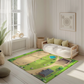 Spielteppich "Reiterhof" von spielzwerg. Ambientebild von einem hellen, freundlichen Kinderzimmer mit weißen Holzwänden und hellem Holzboden. In der Ecke steht ein niedriges Holzbett mit weißen Decken und hellgrünen Kissen. Davor liegt der Teppich. Links steht ein kleines Holzspielzeugrad am Fenster mit weißen Vorhängen. An der Wand hängt ein gerahmtes Bild mit einem dezenten, kreisförmigen Muster. RUG-00168-XL, RUG-00168-L.