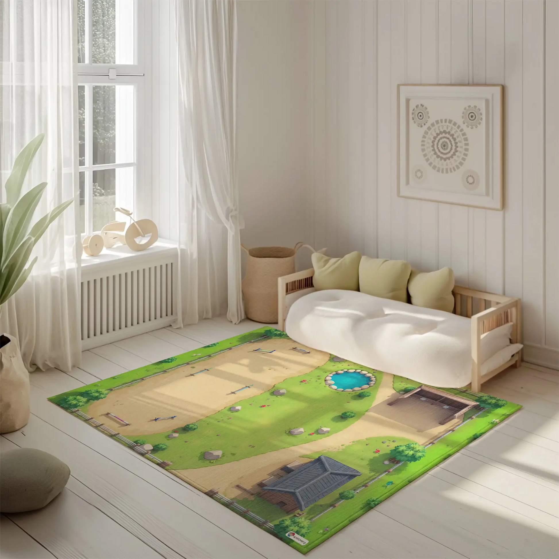 Spielteppich "Reiterhof" von spielzwerg. Ambientebild von einem hellen, freundlichen Kinderzimmer mit weißen Holzwänden und hellem Holzboden. In der Ecke steht ein niedriges Holzbett mit weißen Decken und hellgrünen Kissen. Davor liegt der Teppich. Links steht ein kleines Holzspielzeugrad am Fenster mit weißen Vorhängen. An der Wand hängt ein gerahmtes Bild mit einem dezenten, kreisförmigen Muster. RUG-00168-XL, RUG-00168-L.