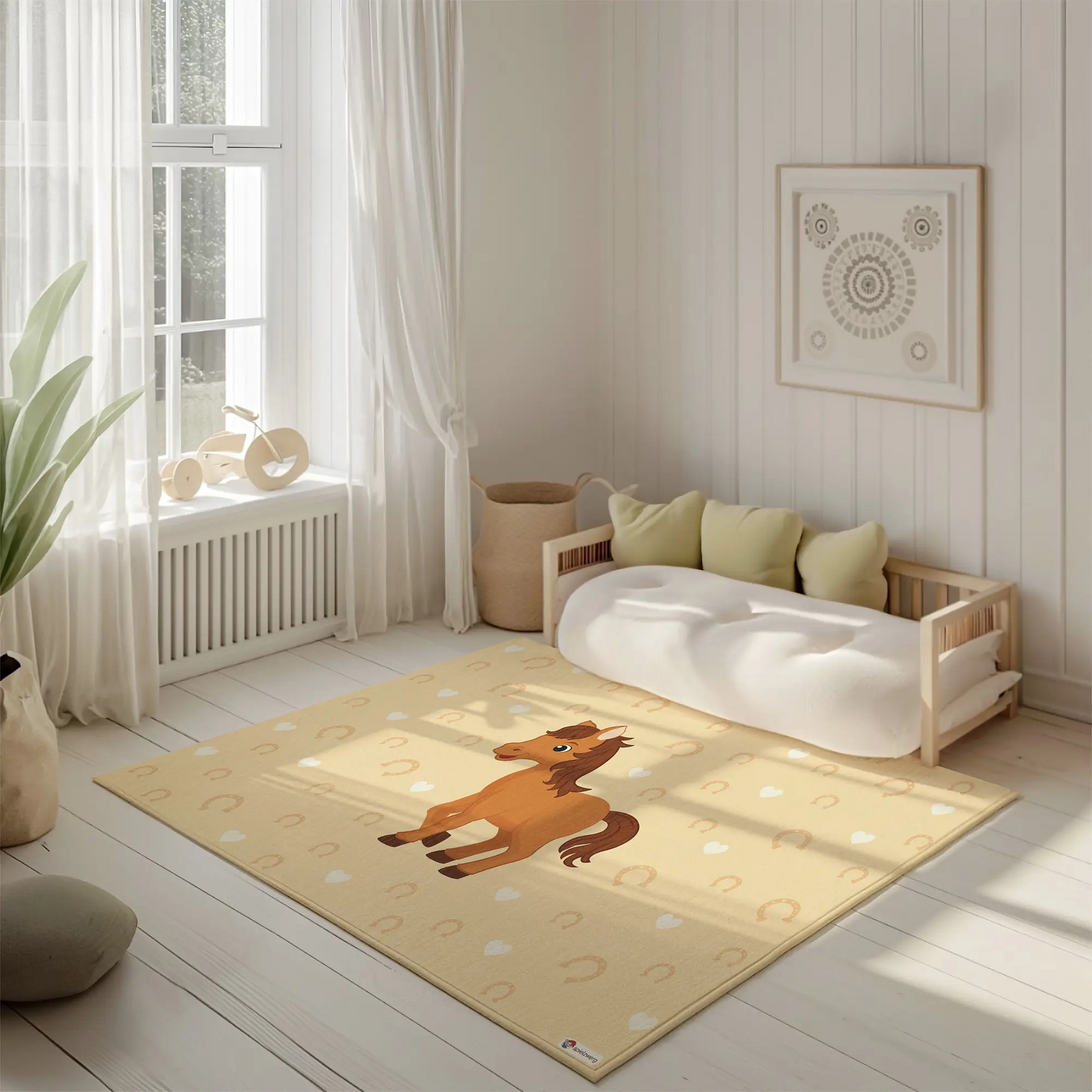 Kinderteppich "Pia Pony" von spielzwerg. Ambientebild von einem hellen, freundlichen Kinderzimmer mit weißen Holzwänden und hellem Holzboden. In der Ecke steht ein niedriges Holzbett mit weißen Decken und hellgrünen Kissen. Davor liegt der Teppich. Links steht ein kleines Holzspielzeugrad am Fenster mit weißen Vorhängen. An der Wand hängt ein gerahmtes Bild mit einem dezenten, kreisförmigen Muster. RUG-00147-XL, RUG-00147-L.