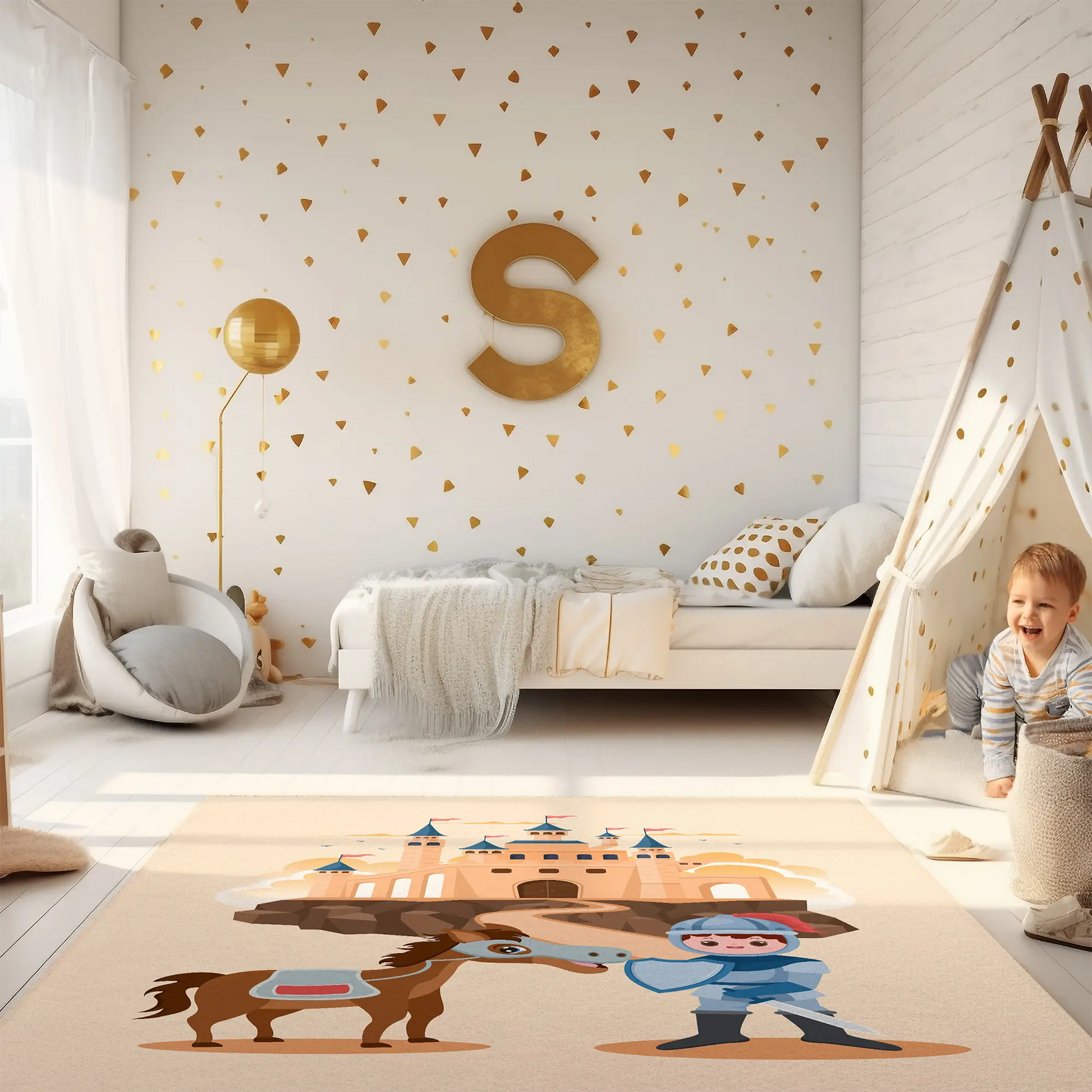 Kinderteppich "Tapferer Ritter" von spielzwerg. Ambientebild von einem hellen Kinderzimmer mit weißem Holzboden und weißen Wänden, dekoriert mit goldenen Dreiecken und einem großen goldenen Buchstaben 'S'. Links steht ein gemütlicher Sessel mit Kissen und Decke, daneben eine goldene Stehlampe. In der Mitte liegt der Teppich. Rechts sitzt ein lachender Junge in einem weißen Spielzelt mit goldenen Punkten. Im Hintergrund ein schlichtes Bett mit weißer Decke und goldenen Akzenten. RUG-00208-XL, RUG-00208-L.