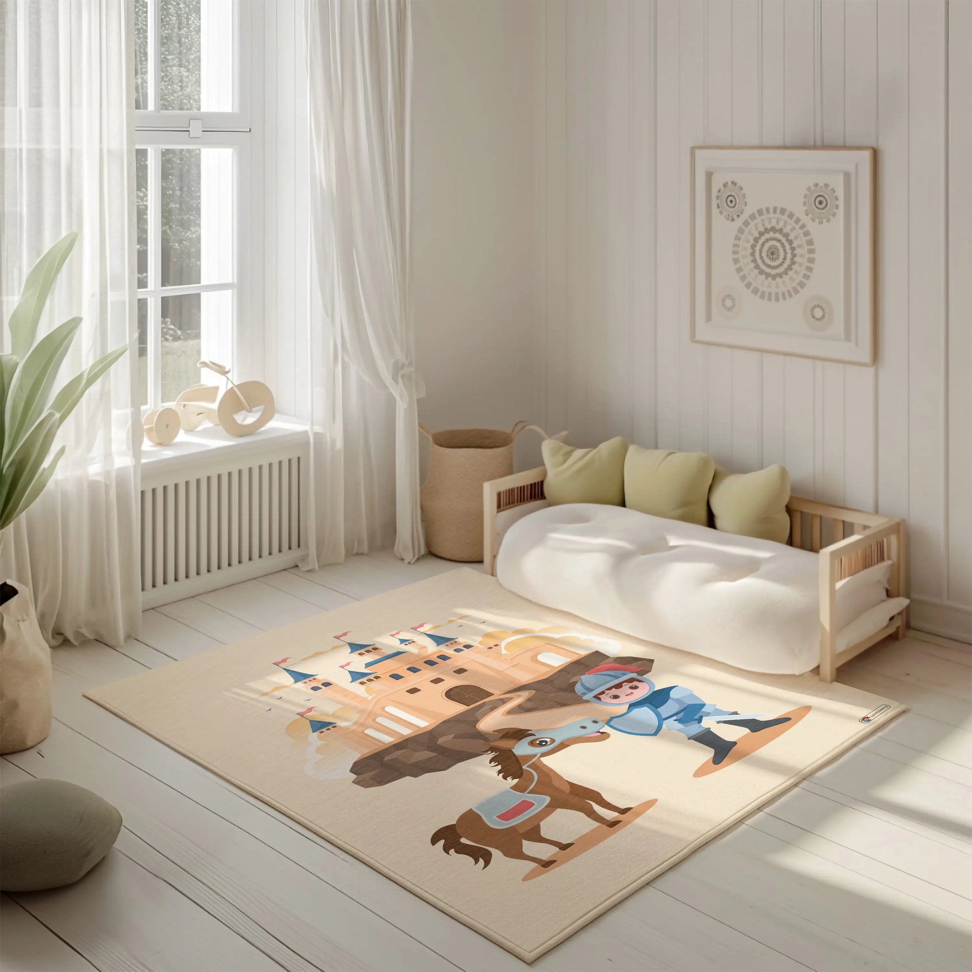 Kinderteppich "Tapferer Ritter" von spielzwerg. Ambientebild von einem hellen, freundlichen Kinderzimmer mit weißen Holzwänden und hellem Holzboden. In der Ecke steht ein niedriges Holzbett mit weißen Decken und hellgrünen Kissen. Davor liegt der Teppich. Links steht ein kleines Holzspielzeugrad am Fenster mit weißen Vorhängen. An der Wand hängt ein gerahmtes Bild mit einem dezenten, kreisförmigen Muster. RUG-00208-XL, RUG-00208-L.