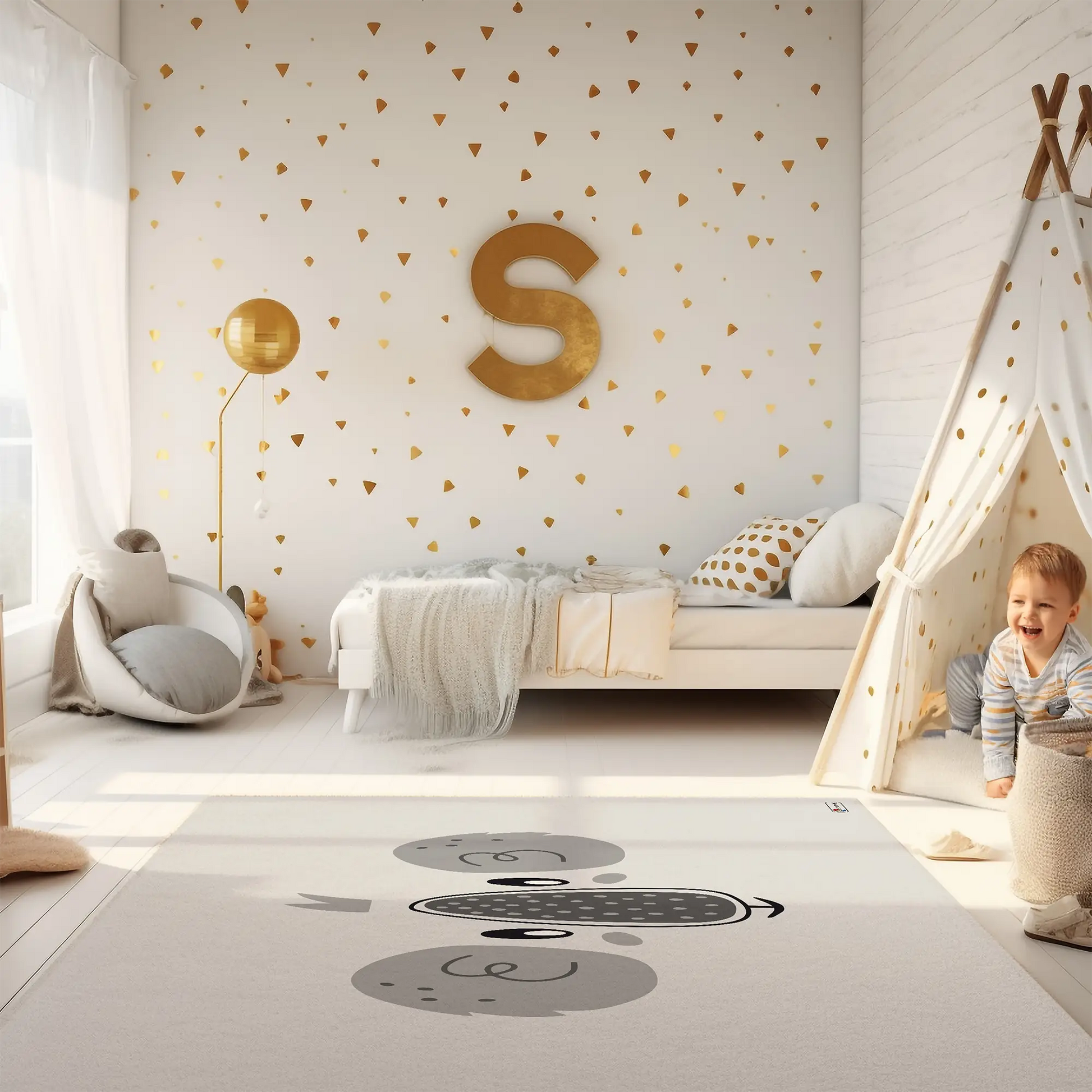 Kinderteppich "Koala-Gesicht" von spielzwerg. Ambientebild von einem hellen Kinderzimmer mit weißem Holzboden und weißen Wänden, dekoriert mit goldenen Dreiecken und einem großen goldenen Buchstaben 'S'. Links steht ein gemütlicher Sessel mit Kissen und Decke, daneben eine goldene Stehlampe. In der Mitte liegt der Teppich. Rechts sitzt ein lachender Junge in einem weißen Spielzelt mit goldenen Punkten. Im Hintergrund ein schlichtes Bett mit weißer Decke und goldenen Akzenten. RUG-00191-XL, RUG-00191-L.