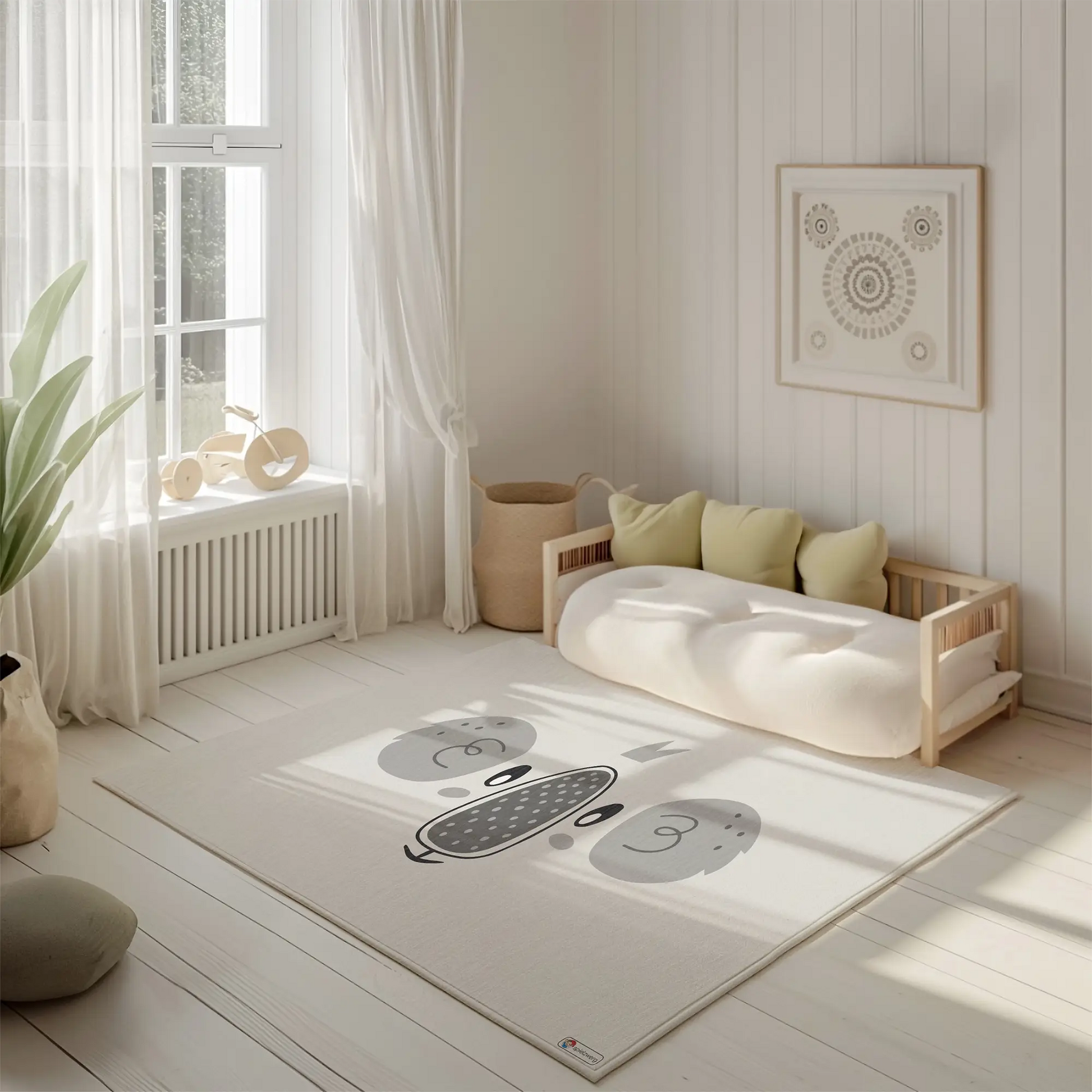 Kinderteppich "Koala-Gesicht" von spielzwerg. Ambientebild von einem hellen, freundlichen Kinderzimmer mit weißen Holzwänden und hellem Holzboden. In der Ecke steht ein niedriges Holzbett mit weißen Decken und hellgrünen Kissen. Davor liegt der Teppich. Links steht ein kleines Holzspielzeugrad am Fenster mit weißen Vorhängen. An der Wand hängt ein gerahmtes Bild mit einem dezenten, kreisförmigen Muster. RUG-00191-XL, RUG-00191-L.