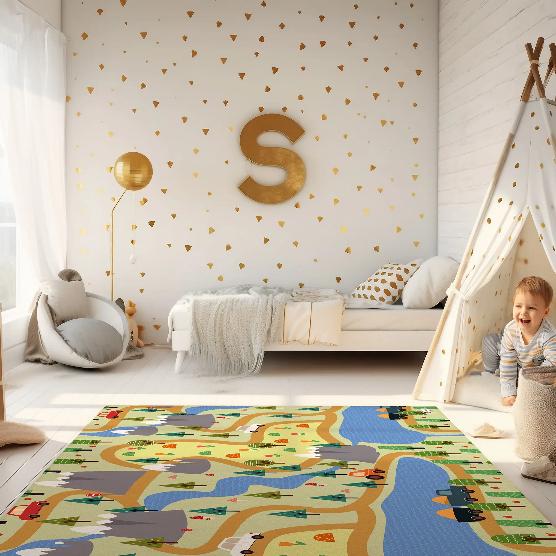 Spielteppich "Gebirgspass" von spielzwerg. Ambientebild von einem hellen Kinderzimmer mit weißem Holzboden und weißen Wänden, dekoriert mit goldenen Dreiecken und einem großen goldenen Buchstaben 'S'. Links steht ein gemütlicher Sessel mit Kissen und Decke, daneben eine goldene Stehlampe. In der Mitte liegt der Teppich. Rechts sitzt ein lachender Junge in einem weißen Spielzelt mit goldenen Punkten. Im Hintergrund ein schlichtes Bett mit weißer Decke und goldenen Akzenten. RUG-00036-XL, RUG-00036-L.