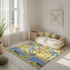 Spielteppich "Gebirgspass" von spielzwerg. Ambientebild von einem hellen, freundlichen Kinderzimmer mit weißen Holzwänden und hellem Holzboden. In der Ecke steht ein niedriges Holzbett mit weißen Decken und hellgrünen Kissen. Davor liegt der Teppich. Links steht ein kleines Holzspielzeugrad am Fenster mit weißen Vorhängen. An der Wand hängt ein gerahmtes Bild mit einem dezenten, kreisförmigen Muster. RUG-00036-XL, RUG-00036-L.