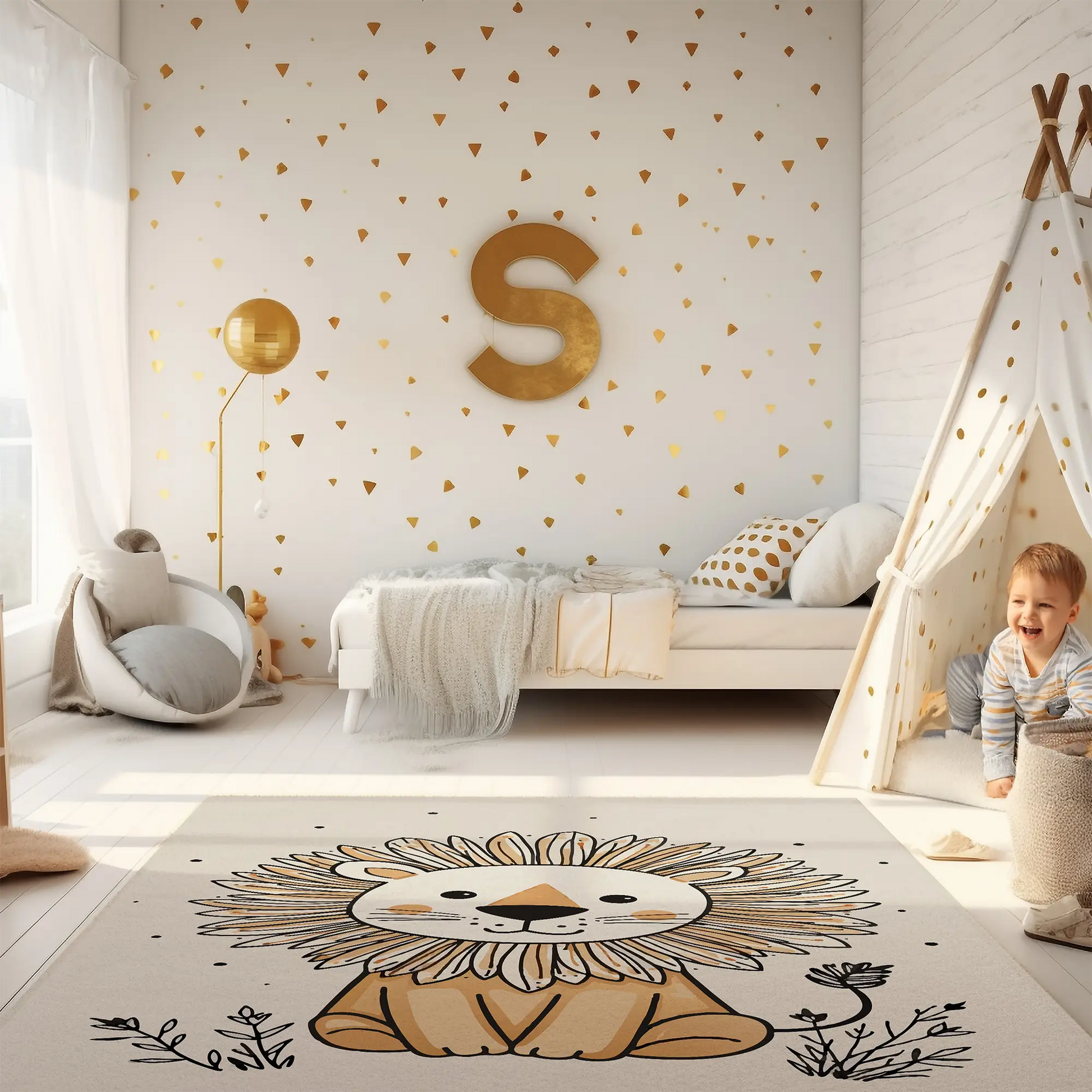 Kinderteppich "Simba" von spielzwerg. Ambientebild von einem hellen Kinderzimmer mit weißem Holzboden und weißen Wänden, dekoriert mit goldenen Dreiecken und einem großen goldenen Buchstaben 'S'. Links steht ein gemütlicher Sessel mit Kissen und Decke, daneben eine goldene Stehlampe. In der Mitte liegt der Teppich. Rechts sitzt ein lachender Junge in einem weißen Spielzelt mit goldenen Punkten. Im Hintergrund ein schlichtes Bett mit weißer Decke und goldenen Akzenten. RUG-00096-XL, RUG-00096-L.