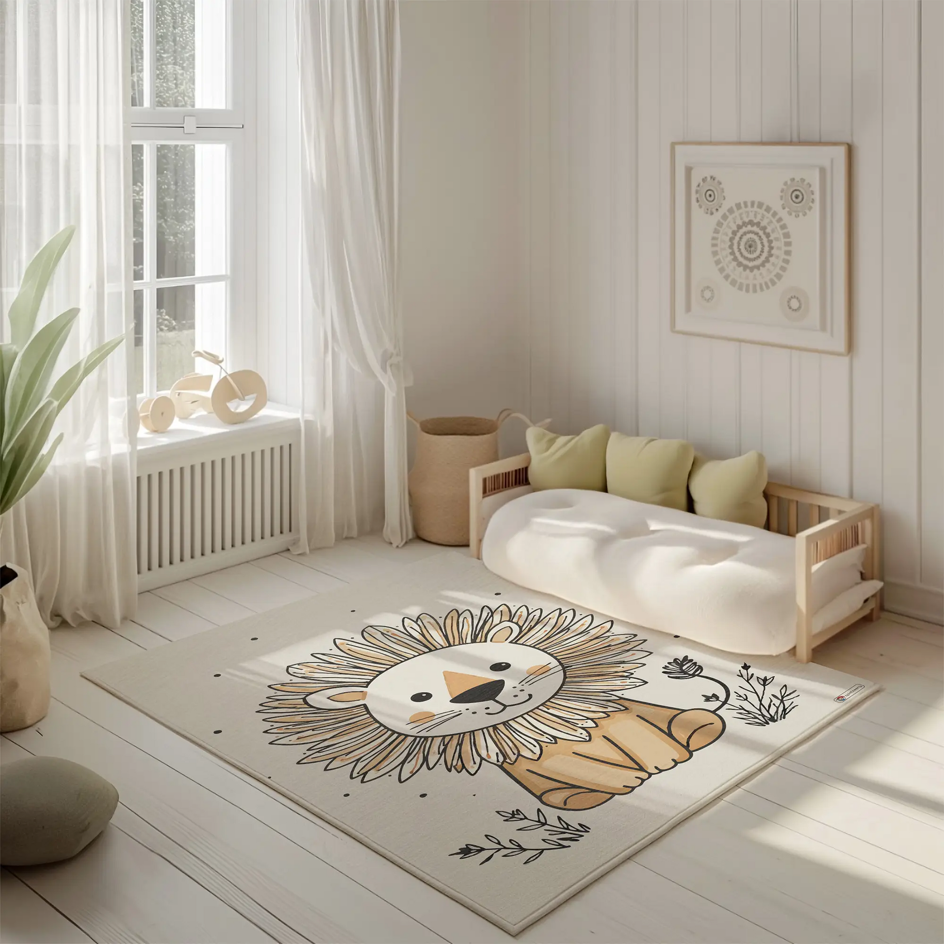 Kinderteppich "Simba" von spielzwerg. Ambientebild von einem hellen, freundlichen Kinderzimmer mit weißen Holzwänden und hellem Holzboden. In der Ecke steht ein niedriges Holzbett mit weißen Decken und hellgrünen Kissen. Davor liegt der Teppich. Links steht ein kleines Holzspielzeugrad am Fenster mit weißen Vorhängen. An der Wand hängt ein gerahmtes Bild mit einem dezenten, kreisförmigen Muster. RUG-00096-XL, RUG-00096-L.