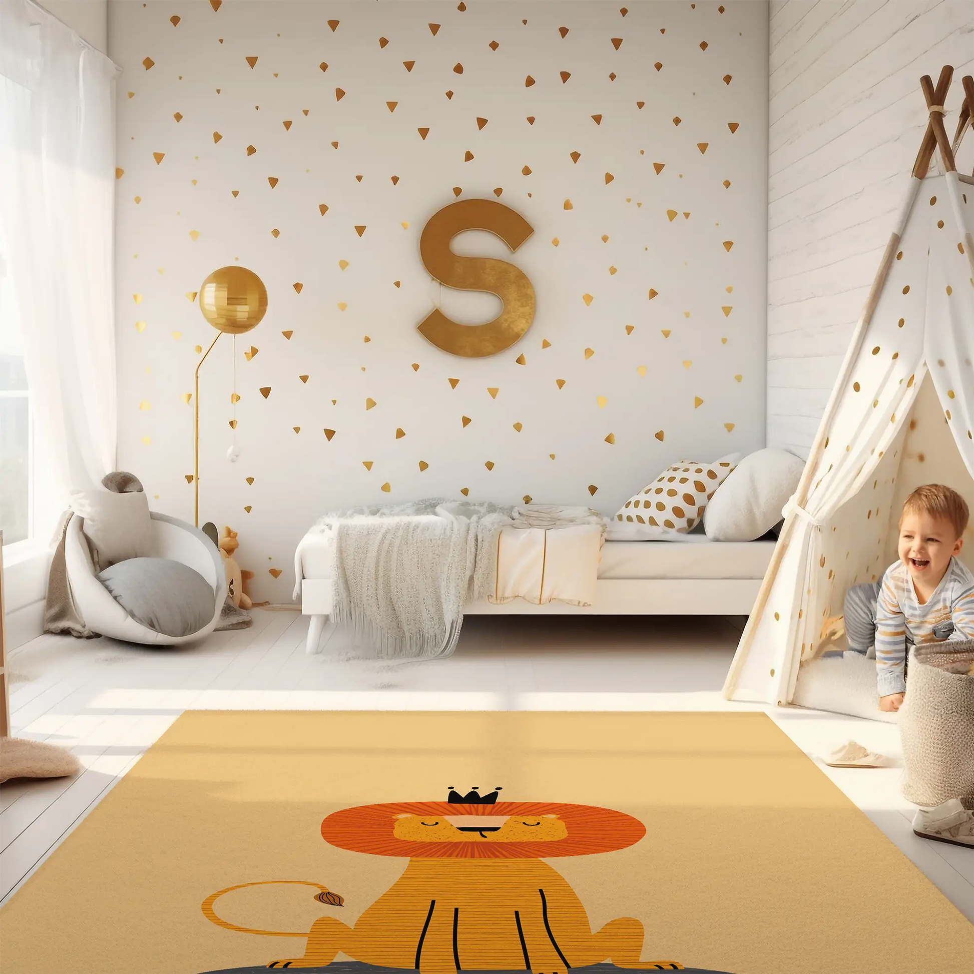 Kinderteppich "Mufasa" von spielzwerg. Ambientebild von einem hellen Kinderzimmer mit weißem Holzboden und weißen Wänden, dekoriert mit goldenen Dreiecken und einem großen goldenen Buchstaben 'S'. Links steht ein gemütlicher Sessel mit Kissen und Decke, daneben eine goldene Stehlampe. In der Mitte liegt der Teppich. Rechts sitzt ein lachender Junge in einem weißen Spielzelt mit goldenen Punkten. Im Hintergrund ein schlichtes Bett mit weißer Decke und goldenen Akzenten. RUG-00094-XL, RUG-00094-L.