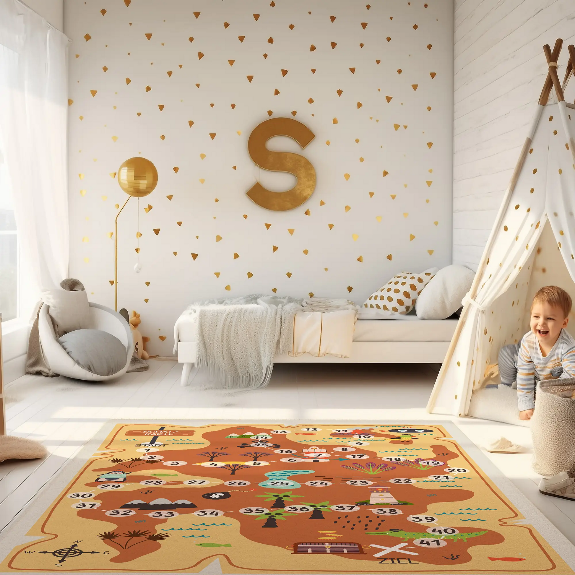 Spielteppich "Schatzjagd" von spielzwerg. Ambientebild von einem hellen Kinderzimmer mit weißem Holzboden und weißen Wänden, dekoriert mit goldenen Dreiecken und einem großen goldenen Buchstaben 'S'. Links steht ein gemütlicher Sessel mit Kissen und Decke, daneben eine goldene Stehlampe. In der Mitte liegt der Teppich. Rechts sitzt ein lachender Junge in einem weißen Spielzelt mit goldenen Punkten. Im Hintergrund ein schlichtes Bett mit weißer Decke und goldenen Akzenten. RUG-00098-XL, RUG-00098-L.