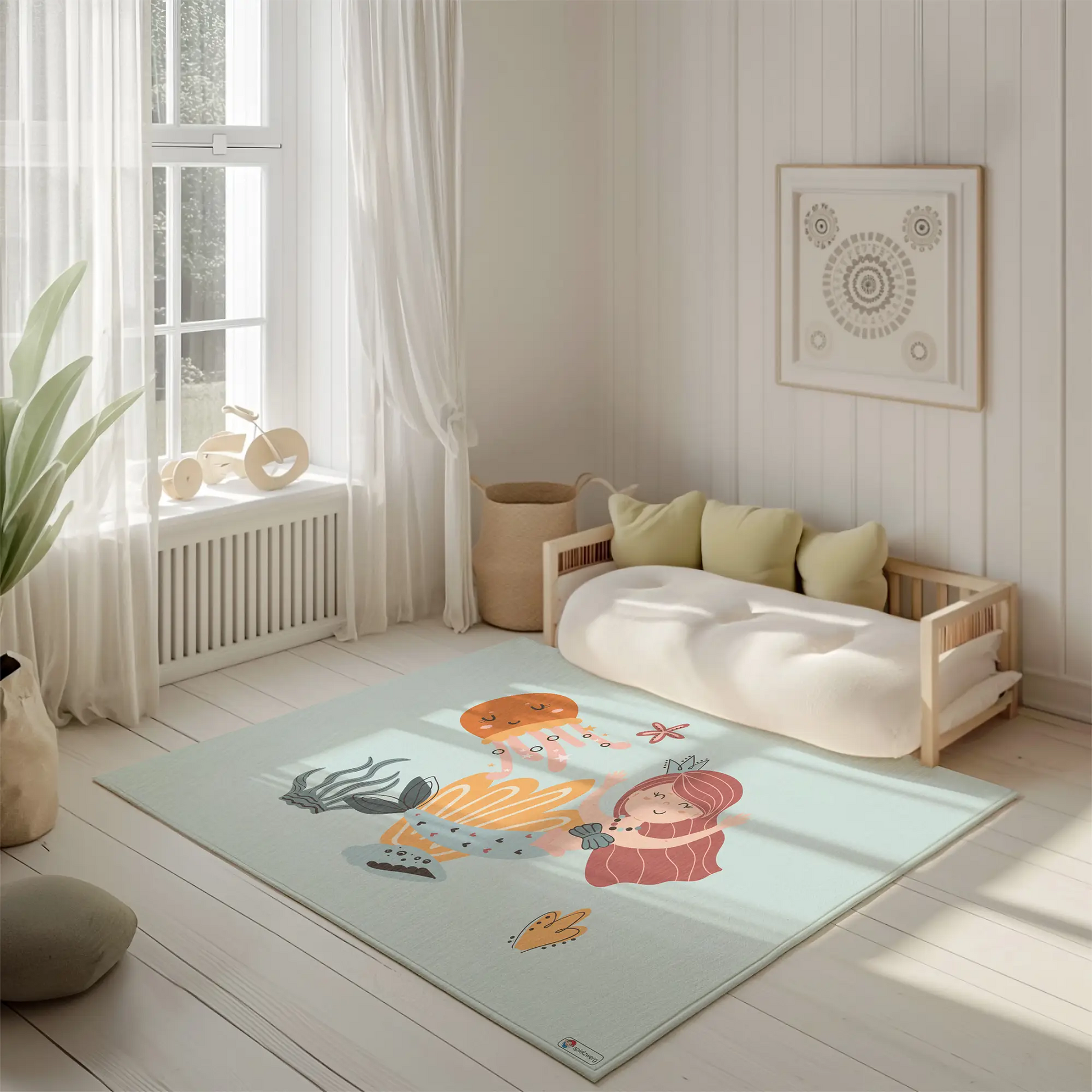 Kinderteppich "Ari" von spielzwerg. Ambientebild von einem hellen, freundlichen Kinderzimmer mit weißen Holzwänden und hellem Holzboden. In der Ecke steht ein niedriges Holzbett mit weißen Decken und hellgrünen Kissen. Davor liegt der Teppich. Links steht ein kleines Holzspielzeugrad am Fenster mit weißen Vorhängen. An der Wand hängt ein gerahmtes Bild mit einem dezenten, kreisförmigen Muster. RUG-00056-XL, RUG-00056-L.