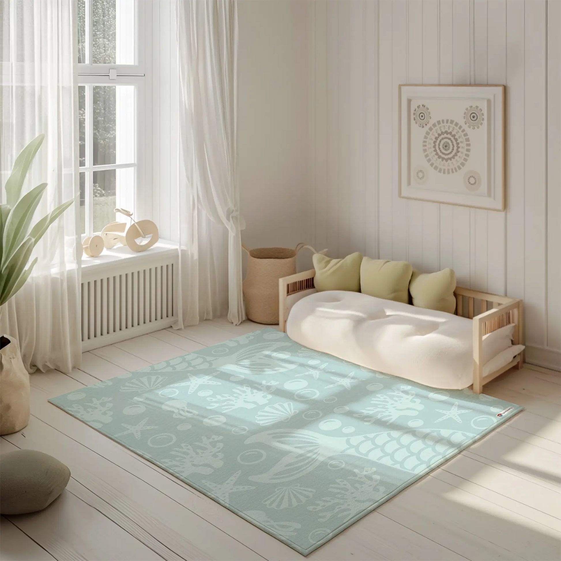 Kinderteppich "Meerjungfrauen-Flosse" von spielzwerg. Ambientebild von einem hellen, freundlichen Kinderzimmer mit weißen Holzwänden und hellem Holzboden. In der Ecke steht ein niedriges Holzbett mit weißen Decken und hellgrünen Kissen. Davor liegt der Teppich. Links steht ein kleines Holzspielzeugrad am Fenster mit weißen Vorhängen. An der Wand hängt ein gerahmtes Bild mit einem dezenten, kreisförmigen Muster. RUG-00055-XL, RUG-00055-L.