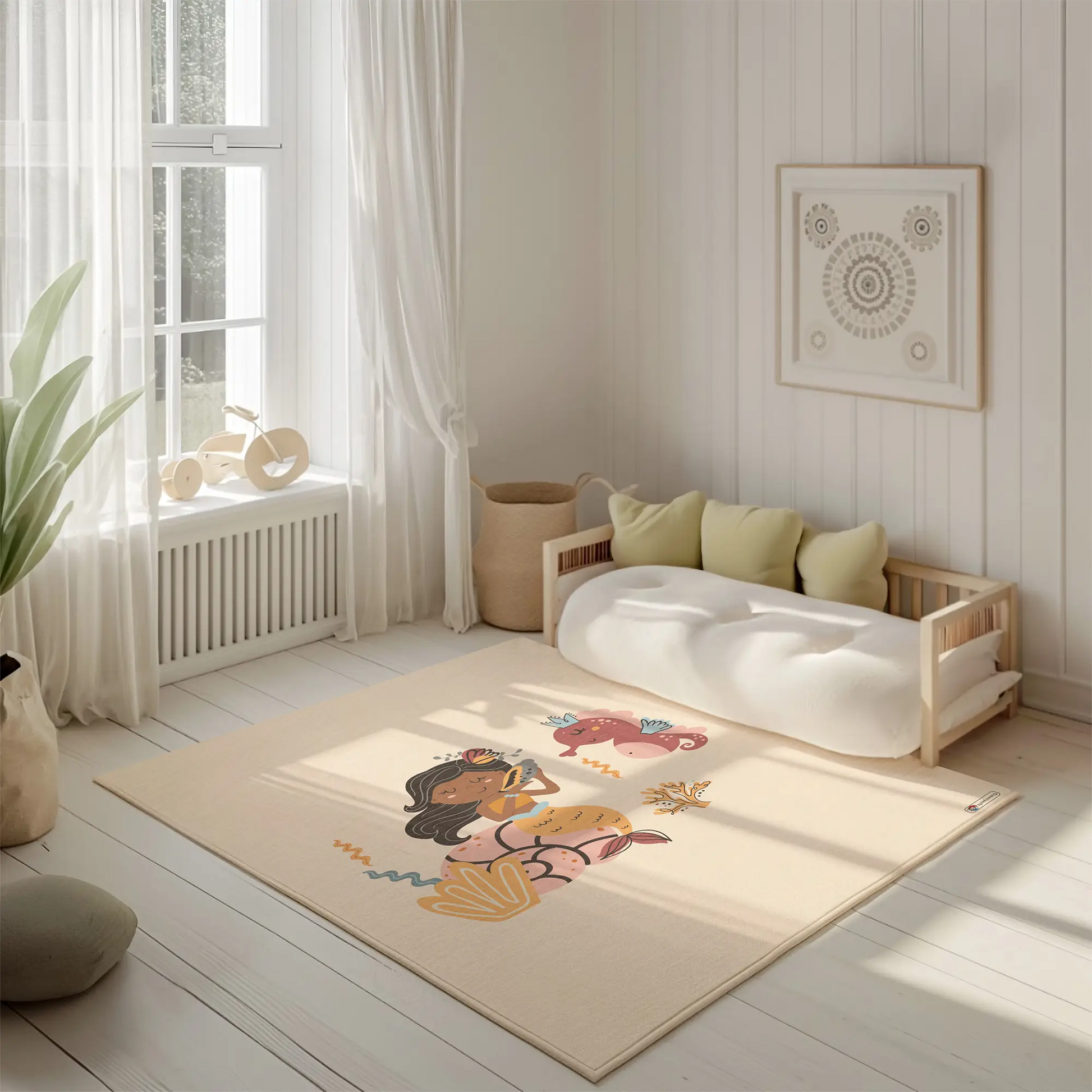 Kinderteppich "Selena" von spielzwerg. Ambientebild von einem hellen, freundlichen Kinderzimmer mit weißen Holzwänden und hellem Holzboden. In der Ecke steht ein niedriges Holzbett mit weißen Decken und hellgrünen Kissen. Davor liegt der Teppich. Links steht ein kleines Holzspielzeugrad am Fenster mit weißen Vorhängen. An der Wand hängt ein gerahmtes Bild mit einem dezenten, kreisförmigen Muster. RUG-00020-XL, RUG-00020-L.