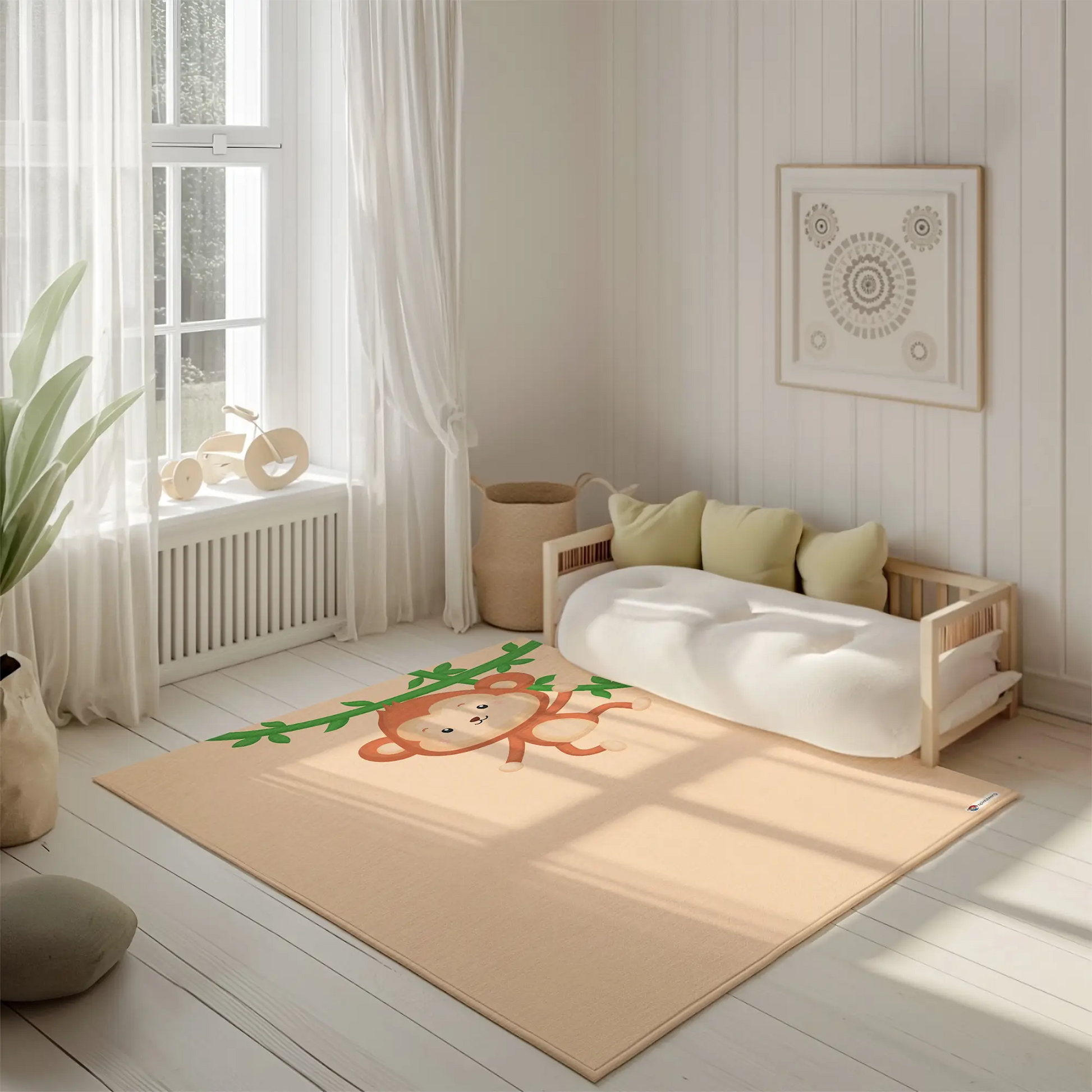 Kinderteppich "Abu Affe" von spielzwerg. Ambientebild von einem hellen, freundlichen Kinderzimmer mit weißen Holzwänden und hellem Holzboden. In der Ecke steht ein niedriges Holzbett mit weißen Decken und hellgrünen Kissen. Davor liegt der Teppich. Links steht ein kleines Holzspielzeugrad am Fenster mit weißen Vorhängen. An der Wand hängt ein gerahmtes Bild mit einem dezenten, kreisförmigen Muster. RUG-00128-XL, RUG-00128-L.