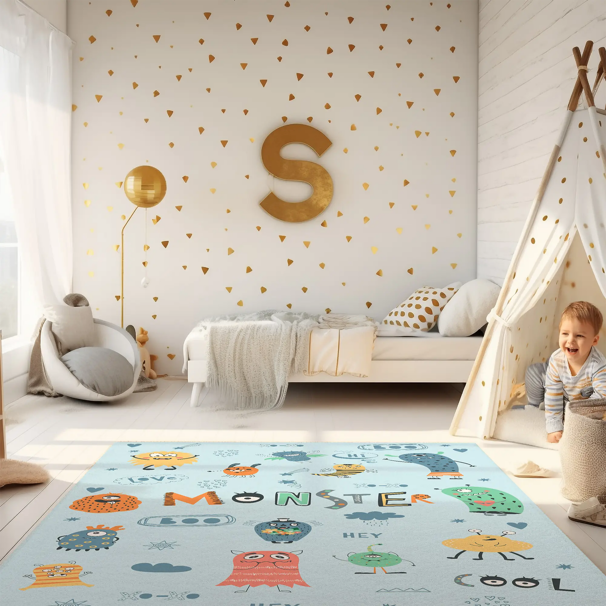 Kinderteppich "Monster" von spielzwerg. Ambientebild von einem hellen Kinderzimmer mit weißem Holzboden und weißen Wänden, dekoriert mit goldenen Dreiecken und einem großen goldenen Buchstaben 'S'. Links steht ein gemütlicher Sessel mit Kissen und Decke, daneben eine goldene Stehlampe. In der Mitte liegt der Teppich. Rechts sitzt ein lachender Junge in einem weißen Spielzelt mit goldenen Punkten. Im Hintergrund ein schlichtes Bett mit weißer Decke und goldenen Akzenten. RUG-00019-XL, RUG-00019-L.