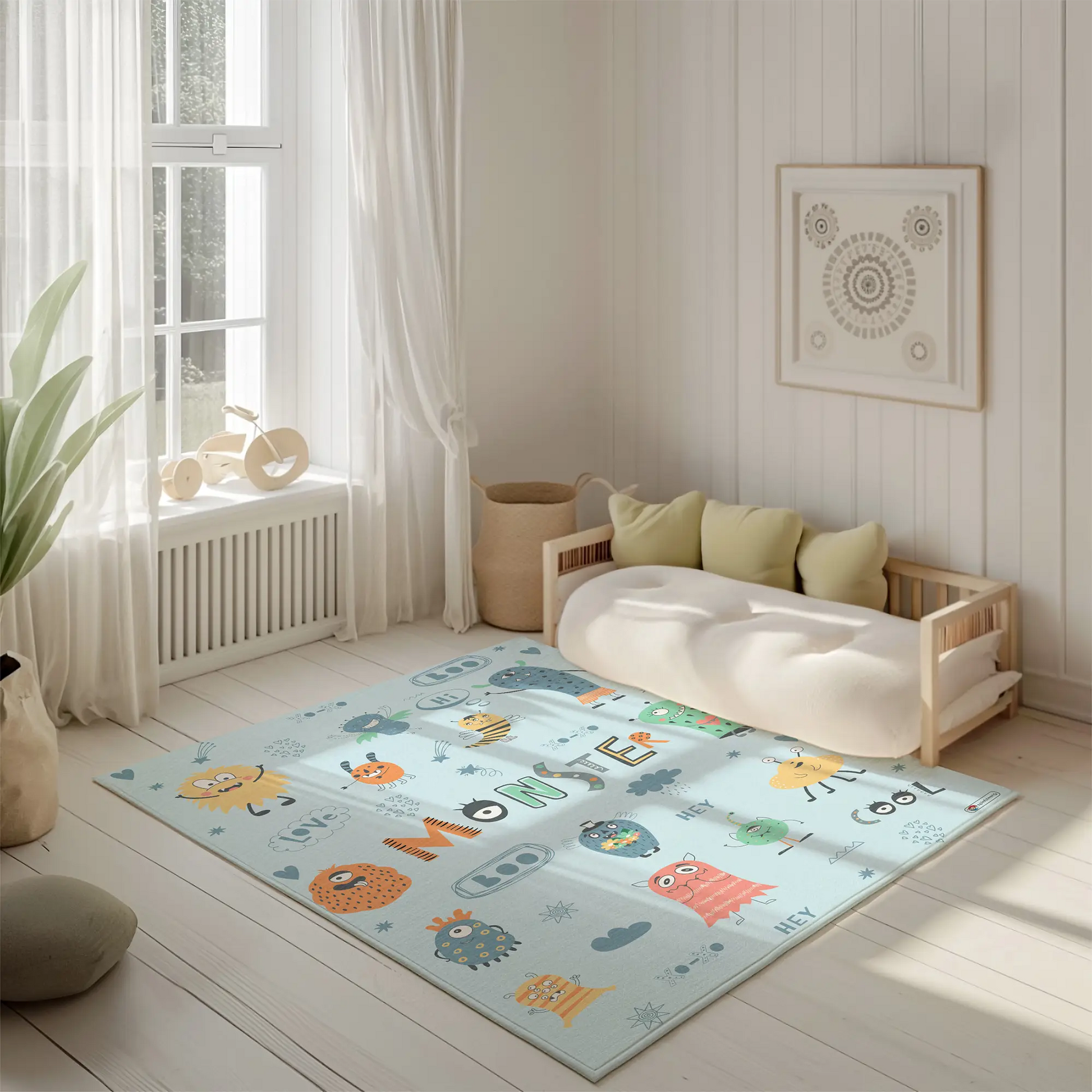 Kinderteppich "Monster" von spielzwerg. Ambientebild von einem hellen, freundlichen Kinderzimmer mit weißen Holzwänden und hellem Holzboden. In der Ecke steht ein niedriges Holzbett mit weißen Decken und hellgrünen Kissen. Davor liegt der Teppich. Links steht ein kleines Holzspielzeugrad am Fenster mit weißen Vorhängen. An der Wand hängt ein gerahmtes Bild mit einem dezenten, kreisförmigen Muster. RUG-00019-XL, RUG-00019-L.