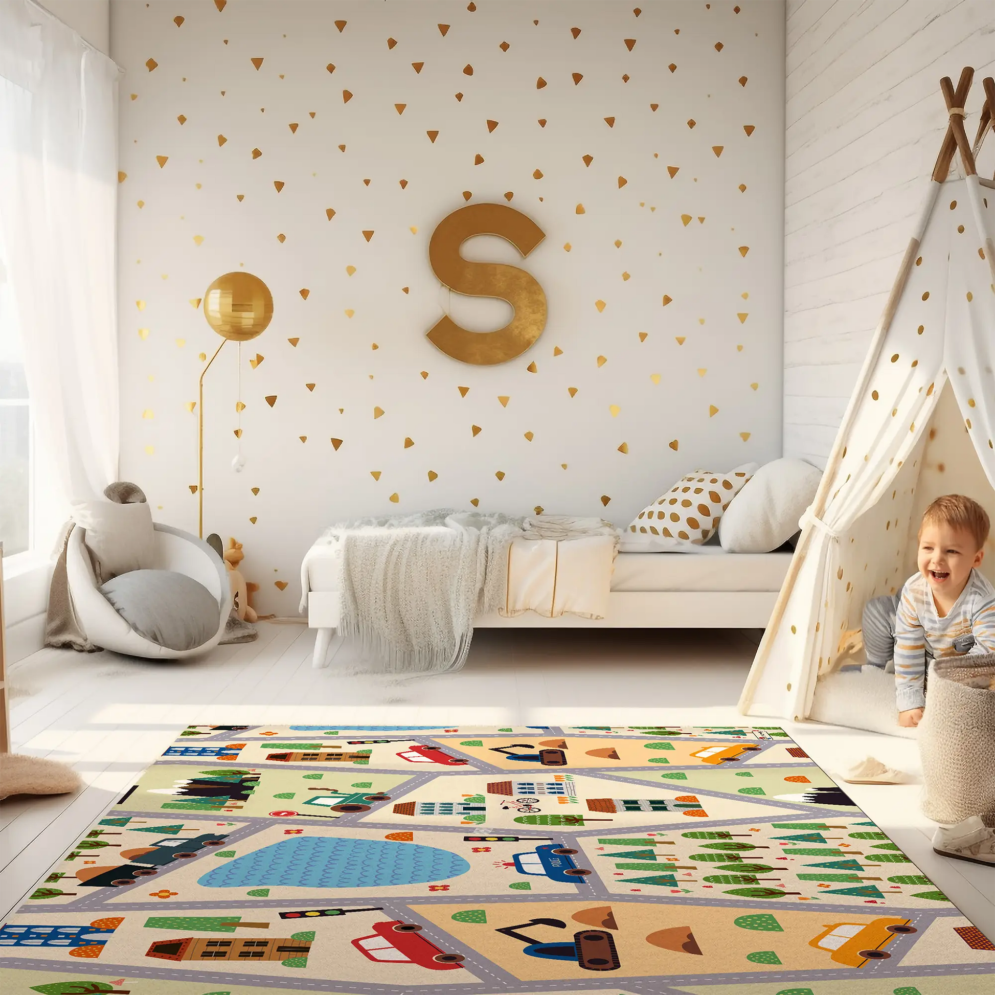 Spielteppich "Mosaik-Dorf" von spielzwerg. Ambientebild von einem hellen Kinderzimmer mit weißem Holzboden und weißen Wänden, dekoriert mit goldenen Dreiecken und einem großen goldenen Buchstaben 'S'. Links steht ein gemütlicher Sessel mit Kissen und Decke, daneben eine goldene Stehlampe. In der Mitte liegt der Teppich. Rechts sitzt ein lachender Junge in einem weißen Spielzelt mit goldenen Punkten. Im Hintergrund ein schlichtes Bett mit weißer Decke und goldenen Akzenten. RUG-00187-XL, RUG-00187-L.