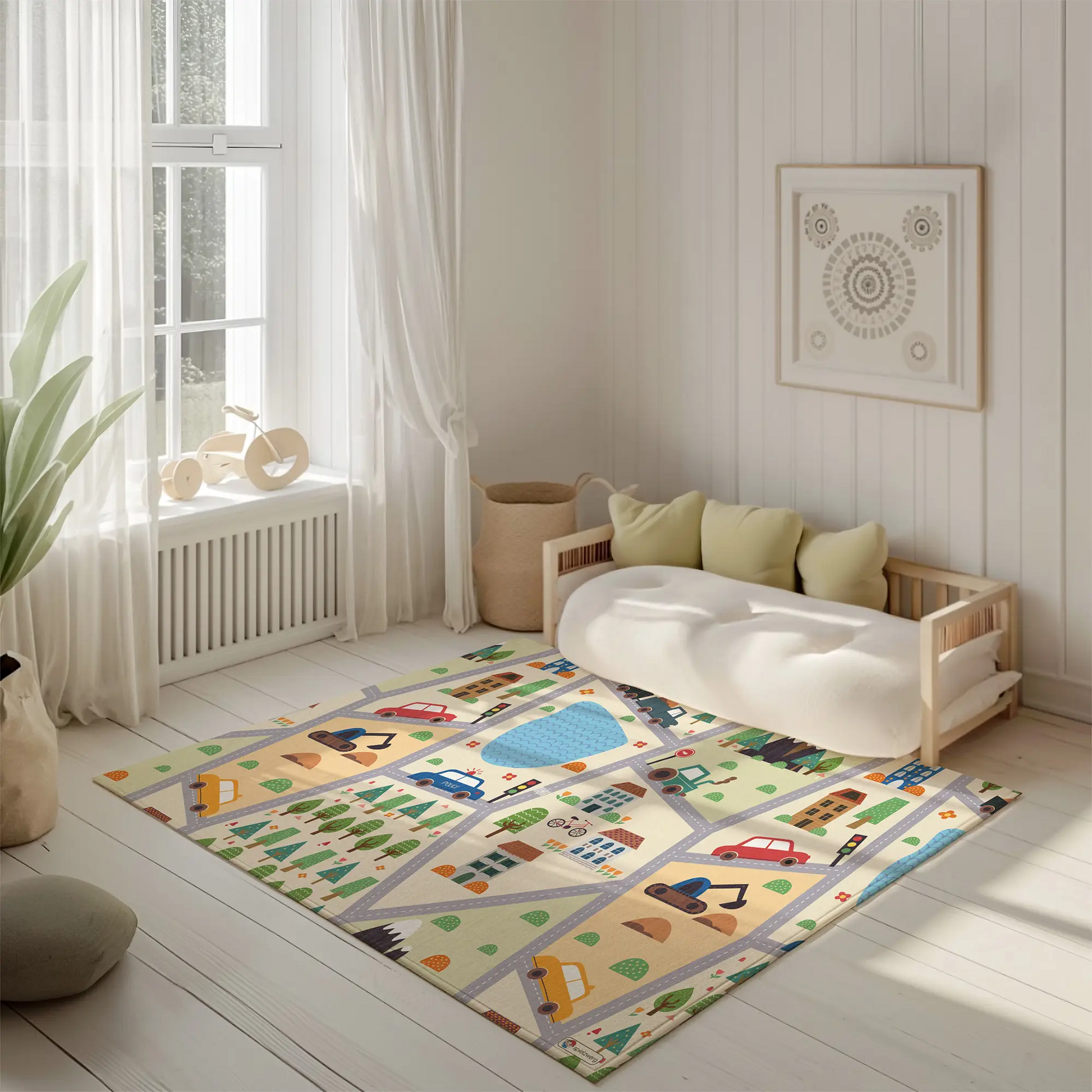 Spielteppich "Mosaik-Dorf" von spielzwerg. Ambientebild von einem hellen, freundlichen Kinderzimmer mit weißen Holzwänden und hellem Holzboden. In der Ecke steht ein niedriges Holzbett mit weißen Decken und hellgrünen Kissen. Davor liegt der Teppich. Links steht ein kleines Holzspielzeugrad am Fenster mit weißen Vorhängen. An der Wand hängt ein gerahmtes Bild mit einem dezenten, kreisförmigen Muster. RUG-00187-XL, RUG-00187-L.