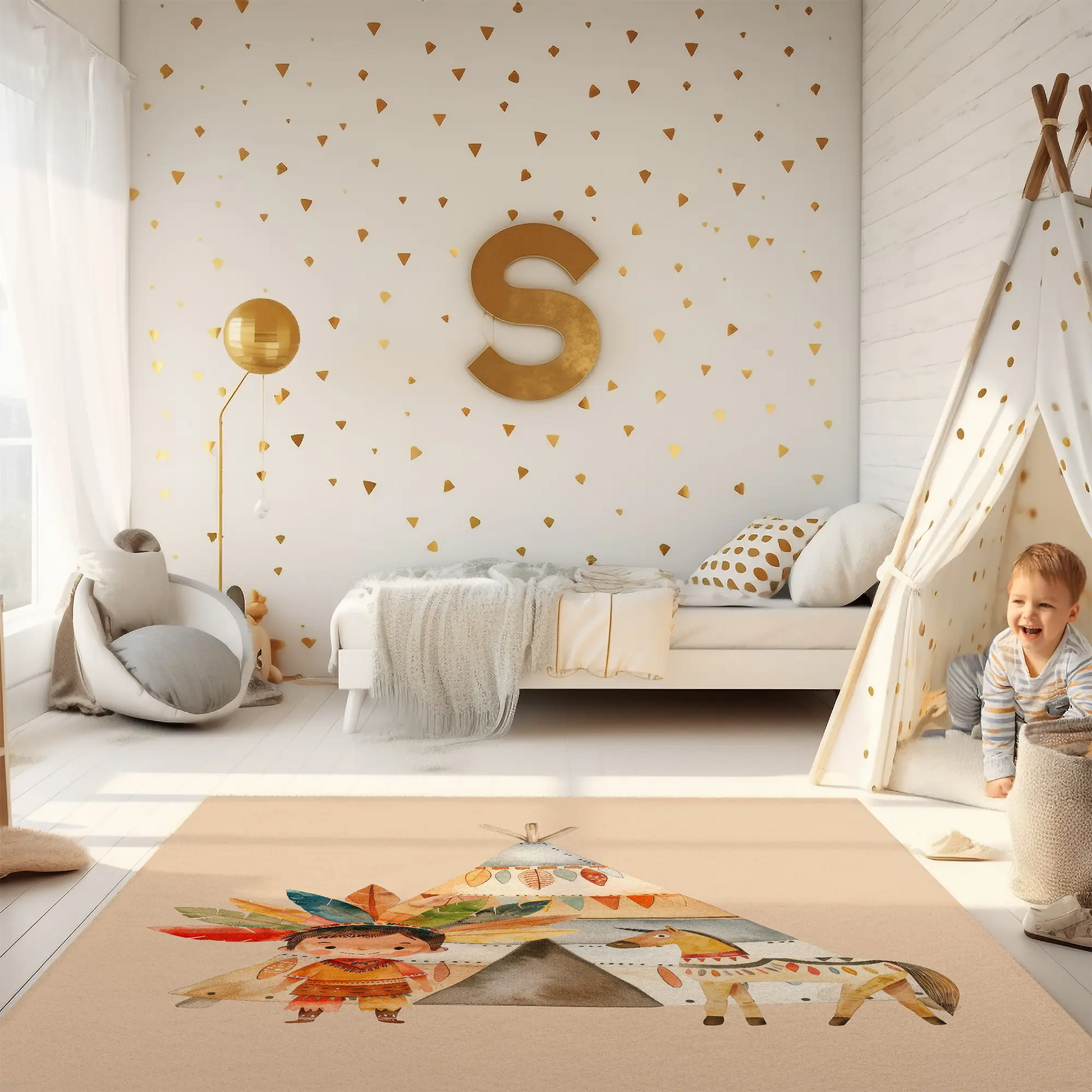 Kinderteppich "Indianer" von spielzwerg. Ambientebild von einem hellen Kinderzimmer mit weißem Holzboden und weißen Wänden, dekoriert mit goldenen Dreiecken und einem großen goldenen Buchstaben 'S'. Links steht ein gemütlicher Sessel mit Kissen und Decke, daneben eine goldene Stehlampe. In der Mitte liegt der Teppich. Rechts sitzt ein lachender Junge in einem weißen Spielzelt mit goldenen Punkten. Im Hintergrund ein schlichtes Bett mit weißer Decke und goldenen Akzenten. RUG-00186-XL, RUG-00186-L.
