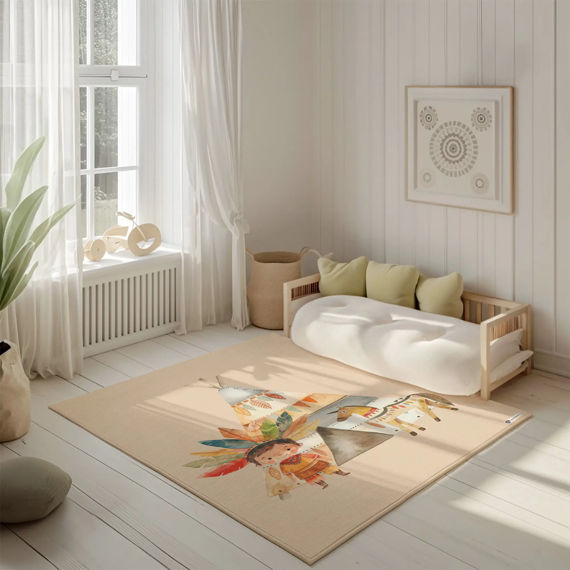 Kinderteppich "Indianer" von spielzwerg. Ambientebild von einem hellen, freundlichen Kinderzimmer mit weißen Holzwänden und hellem Holzboden. In der Ecke steht ein niedriges Holzbett mit weißen Decken und hellgrünen Kissen. Davor liegt der Teppich. Links steht ein kleines Holzspielzeugrad am Fenster mit weißen Vorhängen. An der Wand hängt ein gerahmtes Bild mit einem dezenten, kreisförmigen Muster. RUG-00186-XL, RUG-00186-L.