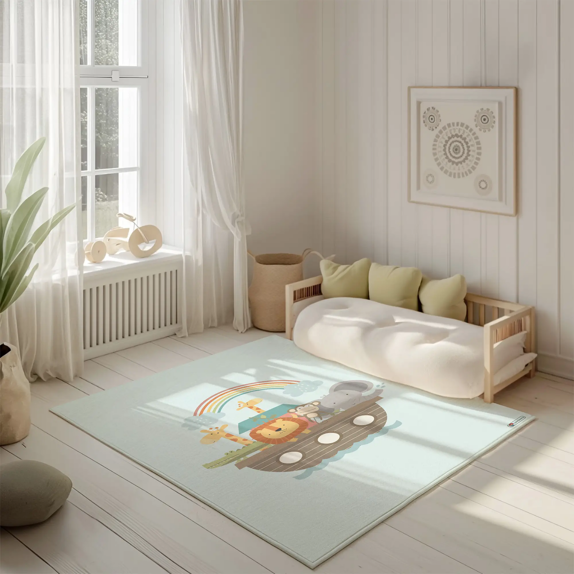 Kinderteppich "Arche Noah" von spielzwerg. Ambientebild von einem hellen, freundlichen Kinderzimmer mit weißen Holzwänden und hellem Holzboden. In der Ecke steht ein niedriges Holzbett mit weißen Decken und hellgrünen Kissen. Davor liegt der Teppich. Links steht ein kleines Holzspielzeugrad am Fenster mit weißen Vorhängen. An der Wand hängt ein gerahmtes Bild mit einem dezenten, kreisförmigen Muster. RUG-00003-XL, RUG-00003-L.