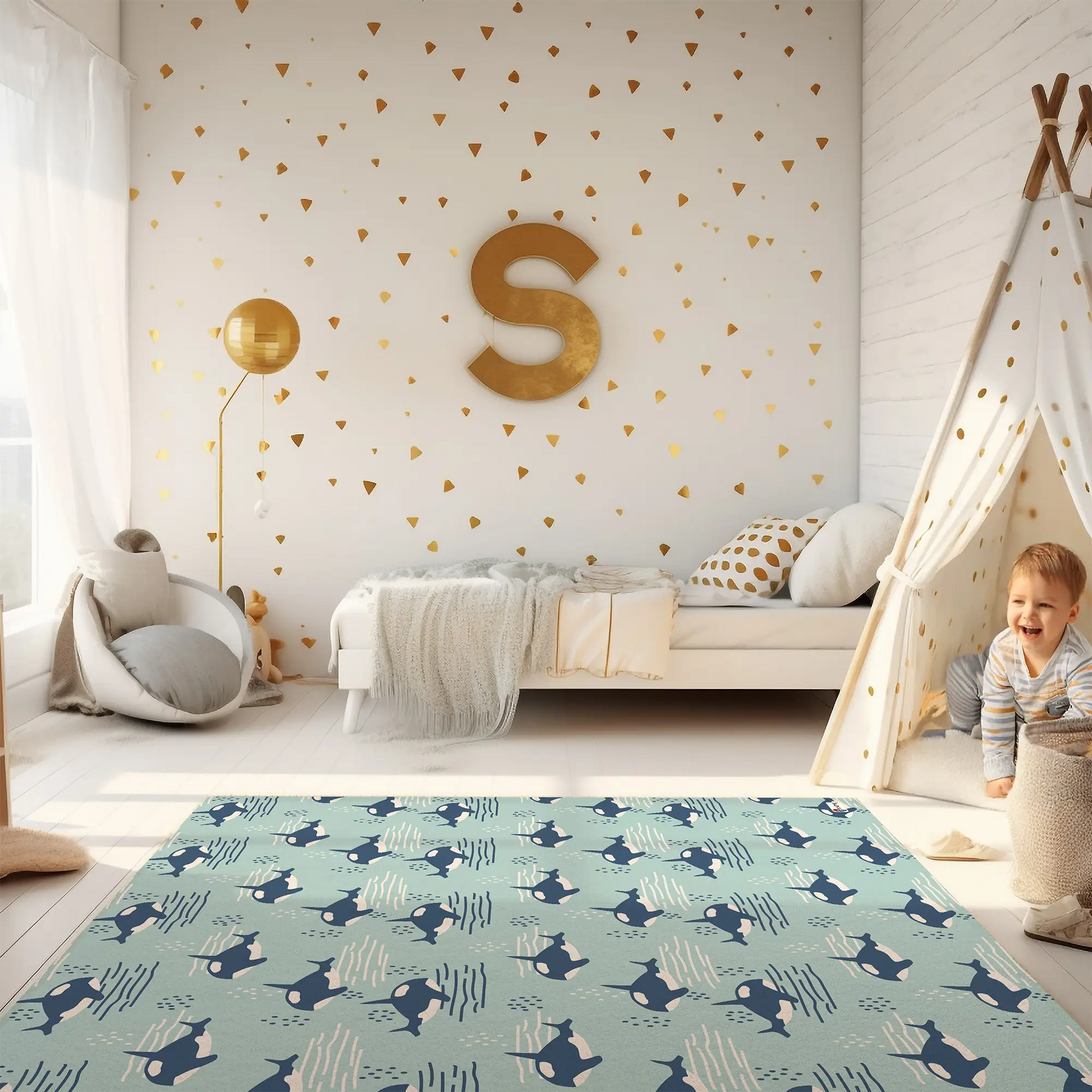 Kinderteppich "Orca Familie" von spielzwerg. Ambientebild von einem hellen Kinderzimmer mit weißem Holzboden und weißen Wänden, dekoriert mit goldenen Dreiecken und einem großen goldenen Buchstaben 'S'. Links steht ein gemütlicher Sessel mit Kissen und Decke, daneben eine goldene Stehlampe. In der Mitte liegt der Teppich. Rechts sitzt ein lachender Junge in einem weißen Spielzelt mit goldenen Punkten. Im Hintergrund ein schlichtes Bett mit weißer Decke und goldenen Akzenten. RUG-00102-XL, RUG-00102-L.