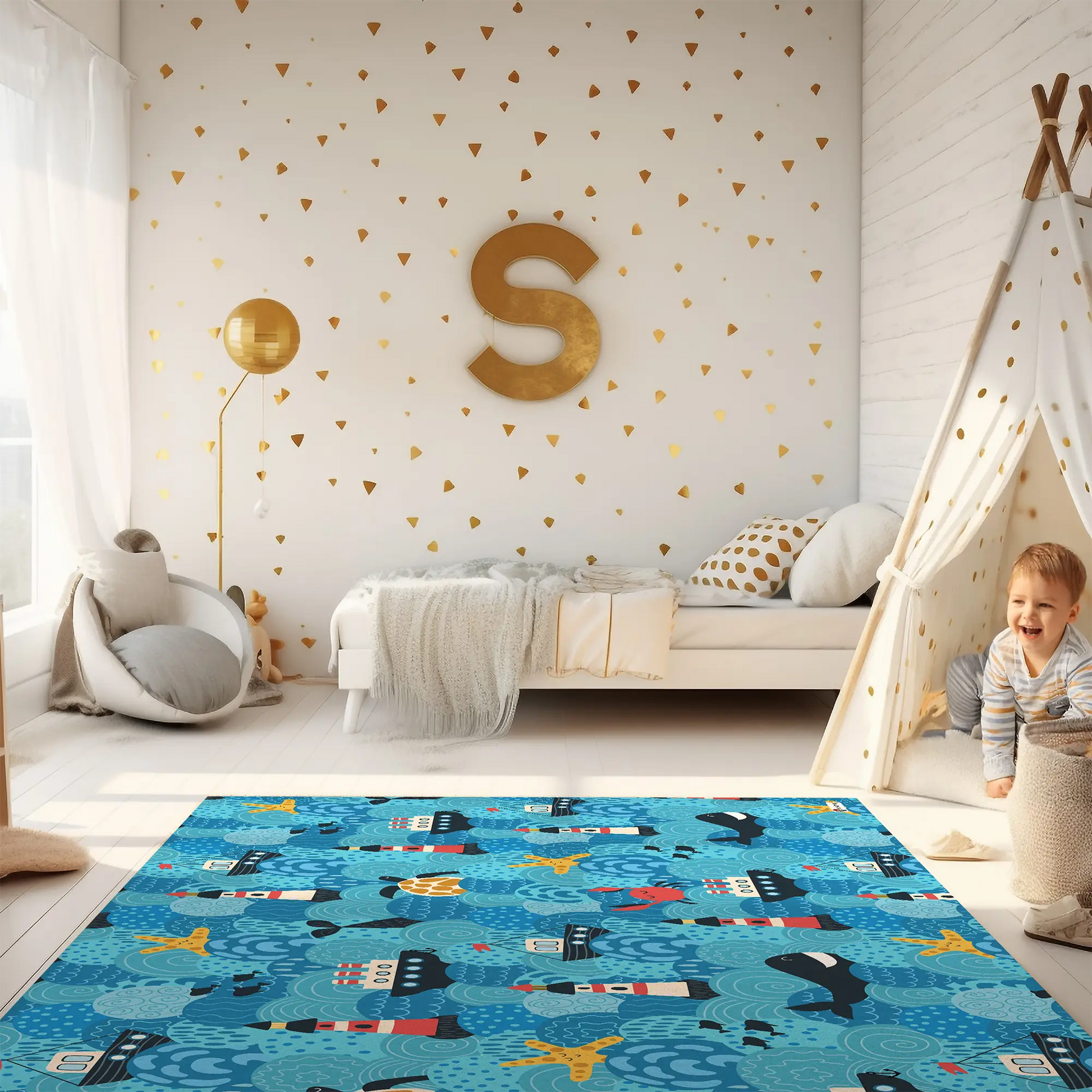 Kinderteppich "Hafenchaos" von spielzwerg. Ambientebild von einem hellen Kinderzimmer mit weißem Holzboden und weißen Wänden, dekoriert mit goldenen Dreiecken und einem großen goldenen Buchstaben 'S'. Links steht ein gemütlicher Sessel mit Kissen und Decke, daneben eine goldene Stehlampe. In der Mitte liegt der Teppich. Rechts sitzt ein lachender Junge in einem weißen Spielzelt mit goldenen Punkten. Im Hintergrund ein schlichtes Bett mit weißer Decke und goldenen Akzenten. RUG-00103-XL, RUG-00103-L.