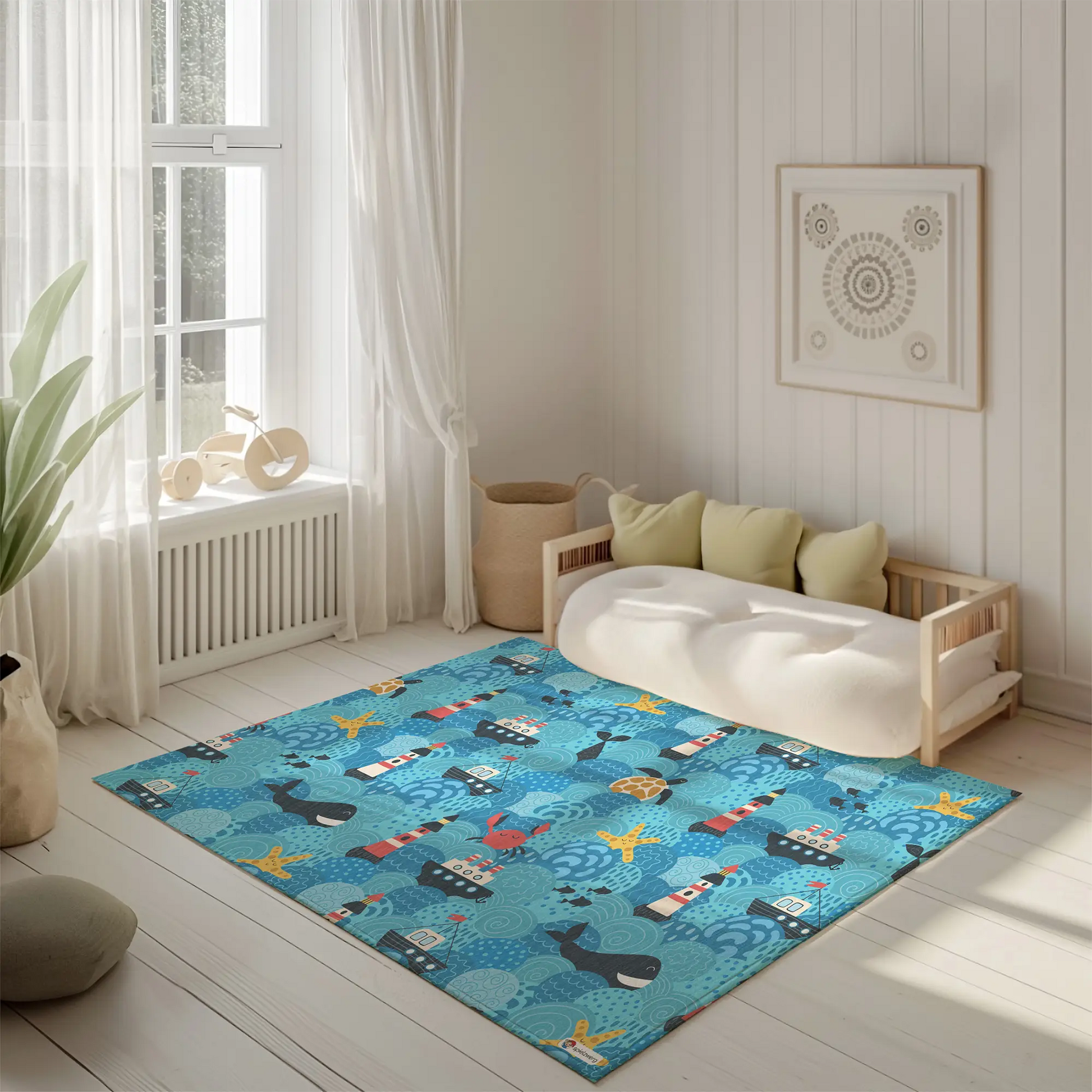 Kinderteppich "Hafenchaos" von spielzwerg. Ambientebild von einem hellen, freundlichen Kinderzimmer mit weißen Holzwänden und hellem Holzboden. In der Ecke steht ein niedriges Holzbett mit weißen Decken und hellgrünen Kissen. Davor liegt der Teppich. Links steht ein kleines Holzspielzeugrad am Fenster mit weißen Vorhängen. An der Wand hängt ein gerahmtes Bild mit einem dezenten, kreisförmigen Muster. RUG-00103-XL, RUG-00103-L.