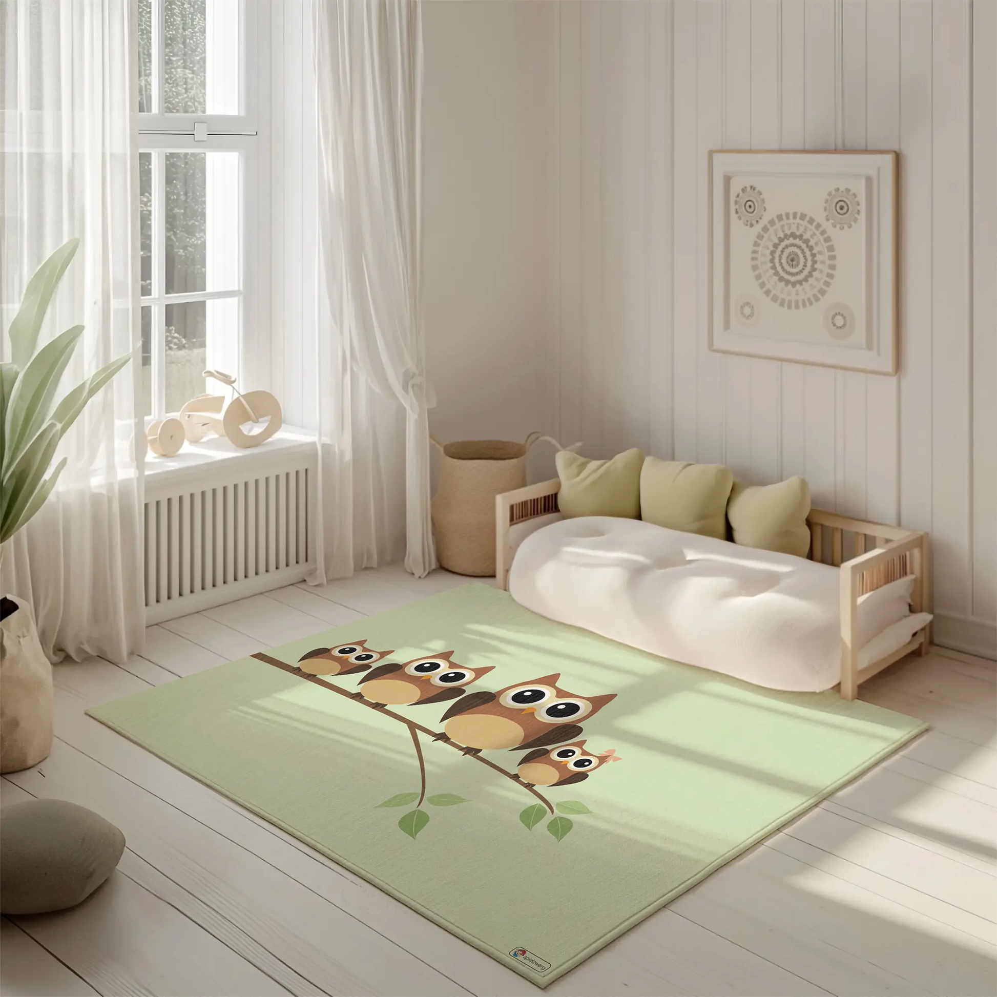 Kinderteppich "Eulenfamilie" von spielzwerg. Ambientebild von einem hellen, freundlichen Kinderzimmer mit weißen Holzwänden und hellem Holzboden. In der Ecke steht ein niedriges Holzbett mit weißen Decken und hellgrünen Kissen. Davor liegt der Teppich. Links steht ein kleines Holzspielzeugrad am Fenster mit weißen Vorhängen. An der Wand hängt ein gerahmtes Bild mit einem dezenten, kreisförmigen Muster. RUG-00002-XL, RUG-00002-L.