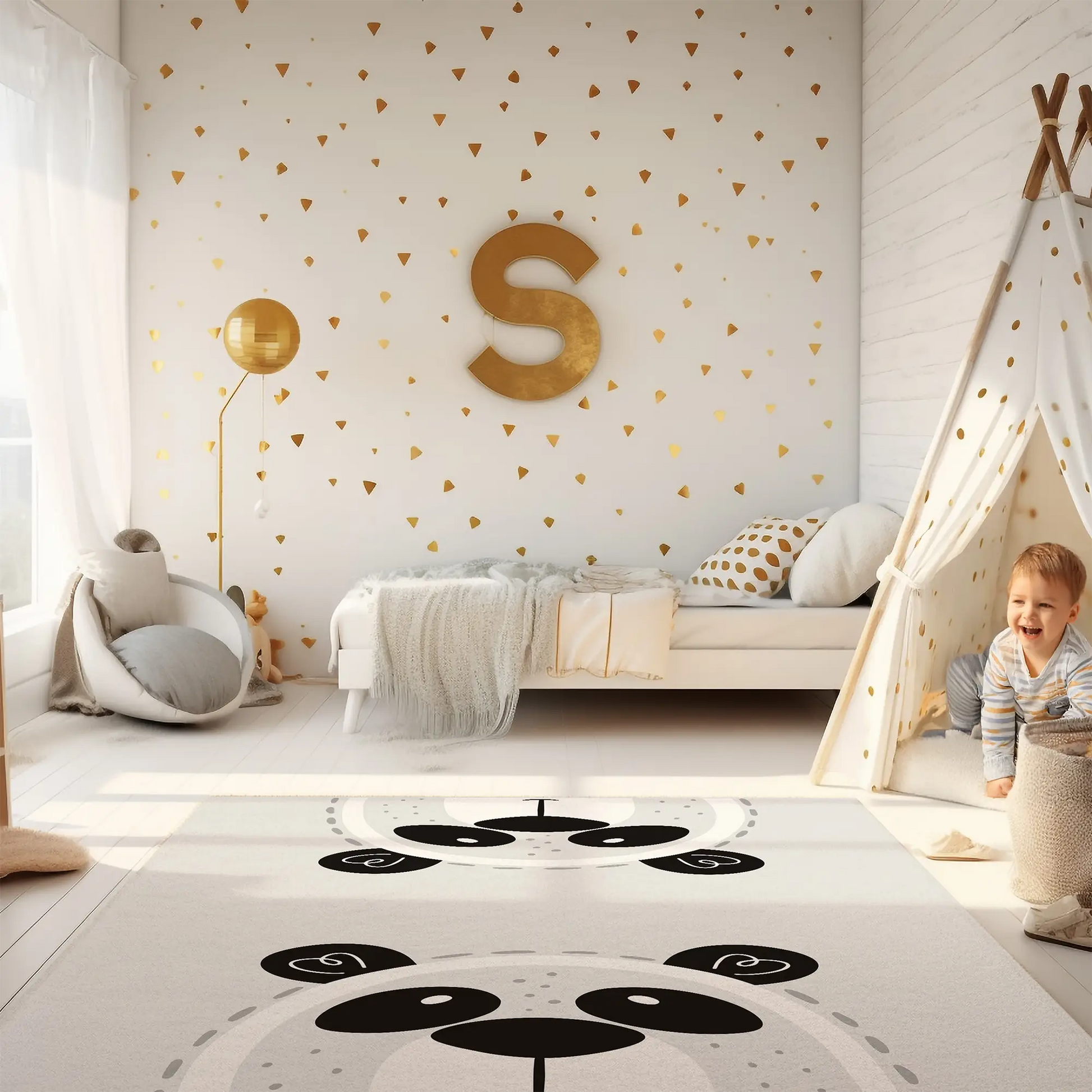 Kinderteppich "Boho Pandas" von spielzwerg. Ambientebild von einem hellen Kinderzimmer mit weißem Holzboden und weißen Wänden, dekoriert mit goldenen Dreiecken und einem großen goldenen Buchstaben 'S'. Links steht ein gemütlicher Sessel mit Kissen und Decke, daneben eine goldene Stehlampe. In der Mitte liegt der Teppich. Rechts sitzt ein lachender Junge in einem weißen Spielzelt mit goldenen Punkten. Im Hintergrund ein schlichtes Bett mit weißer Decke und goldenen Akzenten. RUG-00018-XL, RUG-00018-L.