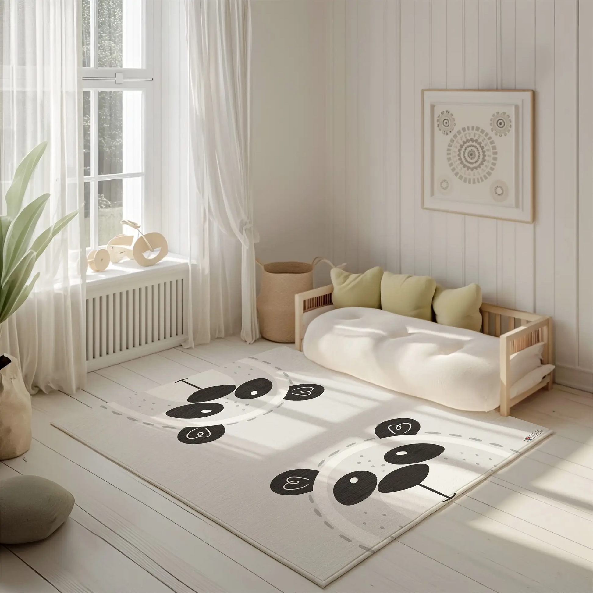 Kinderteppich "Boho Pandas" von spielzwerg. Ambientebild von einem hellen, freundlichen Kinderzimmer mit weißen Holzwänden und hellem Holzboden. In der Ecke steht ein niedriges Holzbett mit weißen Decken und hellgrünen Kissen. Davor liegt der Teppich. Links steht ein kleines Holzspielzeugrad am Fenster mit weißen Vorhängen. An der Wand hängt ein gerahmtes Bild mit einem dezenten, kreisförmigen Muster. RUG-00018-XL, RUG-00018-L.