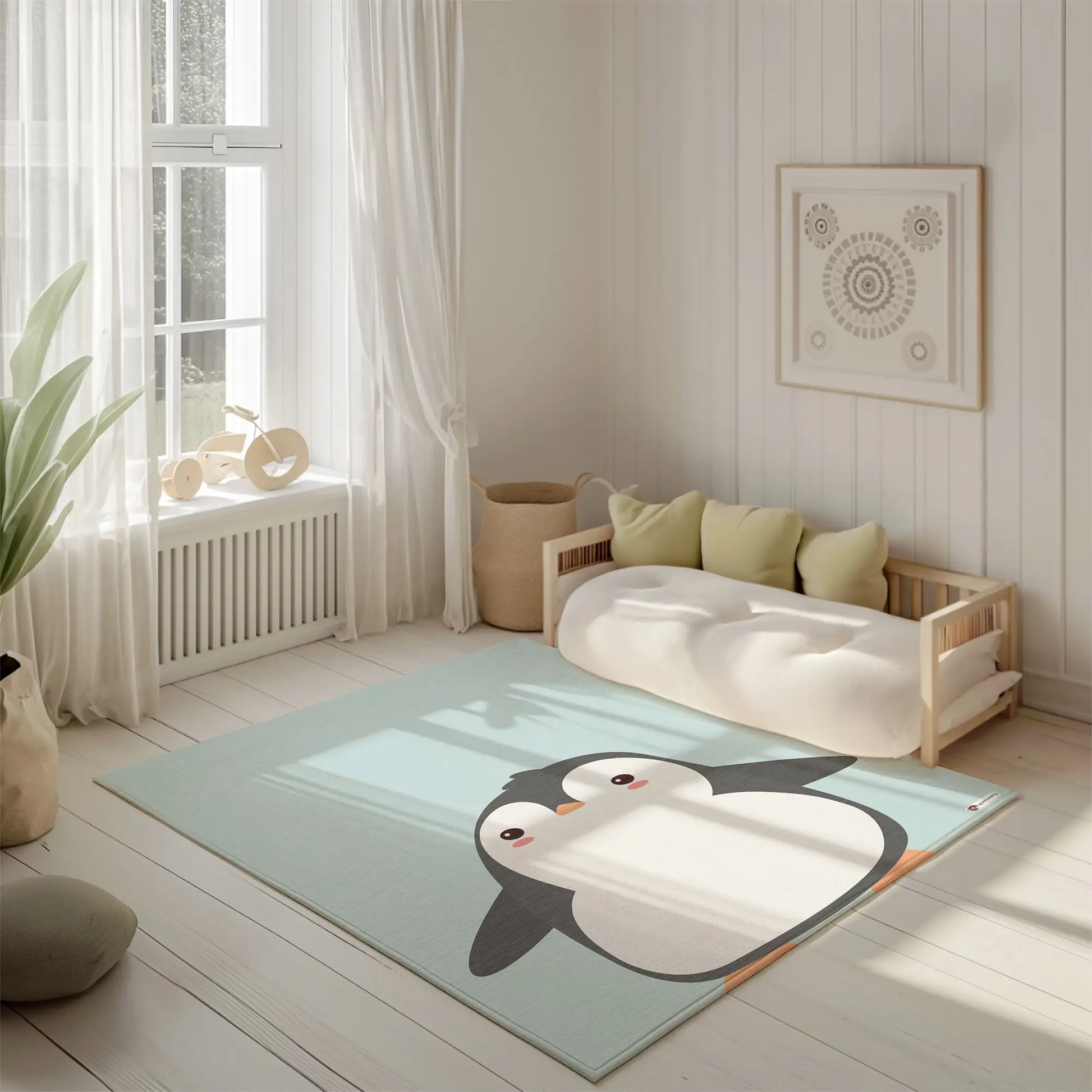 Kinderteppich "Pingu" von spielzwerg. Ambientebild von einem hellen, freundlichen Kinderzimmer mit weißen Holzwänden und hellem Holzboden. In der Ecke steht ein niedriges Holzbett mit weißen Decken und hellgrünen Kissen. Davor liegt der Teppich. Links steht ein kleines Holzspielzeugrad am Fenster mit weißen Vorhängen. An der Wand hängt ein gerahmtes Bild mit einem dezenten, kreisförmigen Muster. RUG-00185-XL, RUG-00185-L.