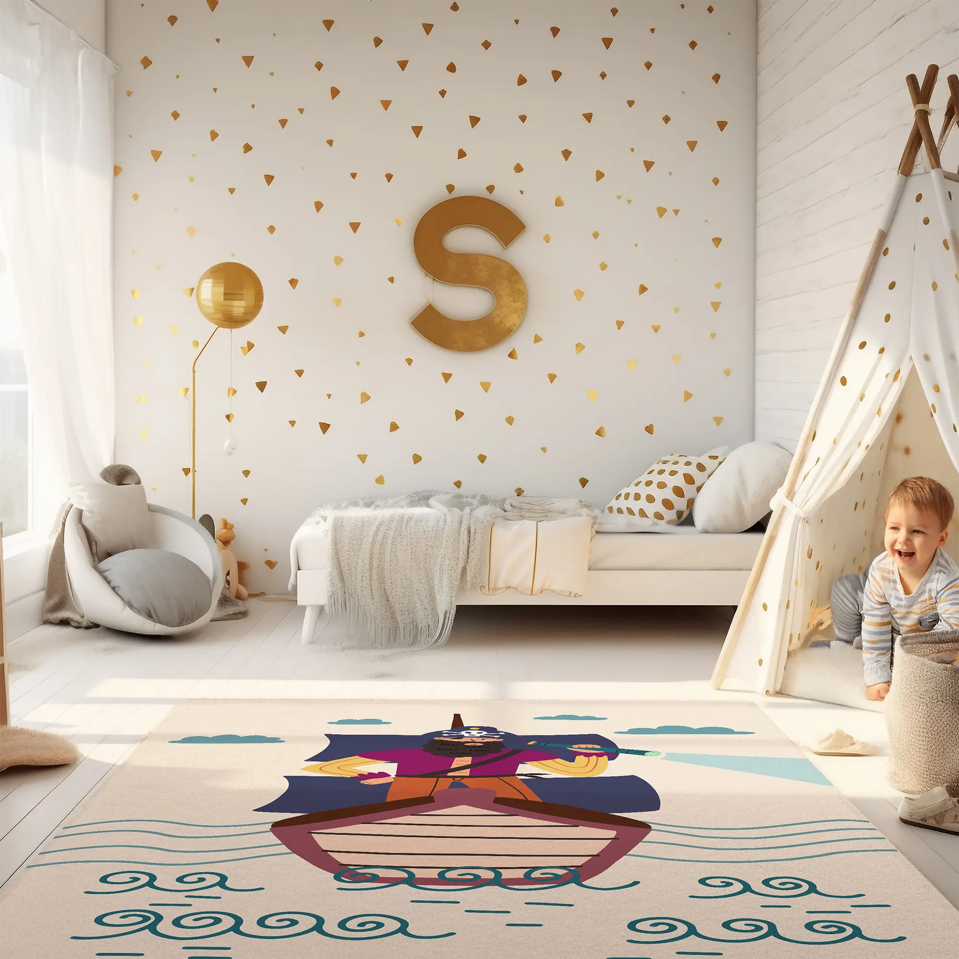 Kinderteppich "Seeräuber" von spielzwerg. Ambientebild von einem hellen Kinderzimmer mit weißem Holzboden und weißen Wänden, dekoriert mit goldenen Dreiecken und einem großen goldenen Buchstaben 'S'. Links steht ein gemütlicher Sessel mit Kissen und Decke, daneben eine goldene Stehlampe. In der Mitte liegt der Teppich. Rechts sitzt ein lachender Junge in einem weißen Spielzelt mit goldenen Punkten. Im Hintergrund ein schlichtes Bett mit weißer Decke und goldenen Akzenten. RUG-00054-XL, RUG-00054-L.