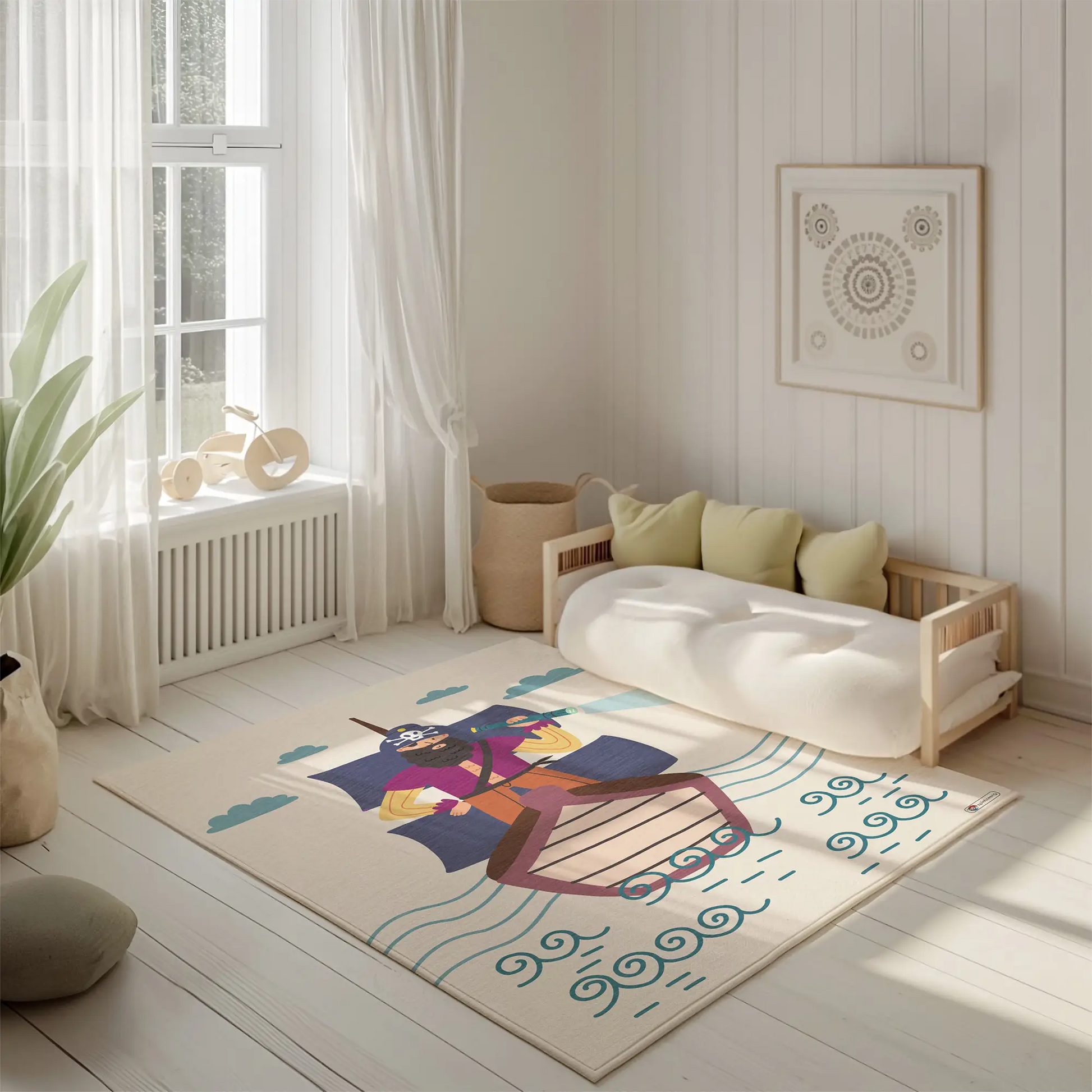 Kinderteppich "Seeräuber" von spielzwerg. Ambientebild von einem hellen, freundlichen Kinderzimmer mit weißen Holzwänden und hellem Holzboden. In der Ecke steht ein niedriges Holzbett mit weißen Decken und hellgrünen Kissen. Davor liegt der Teppich. Links steht ein kleines Holzspielzeugrad am Fenster mit weißen Vorhängen. An der Wand hängt ein gerahmtes Bild mit einem dezenten, kreisförmigen Muster. RUG-00054-XL, RUG-00054-L.