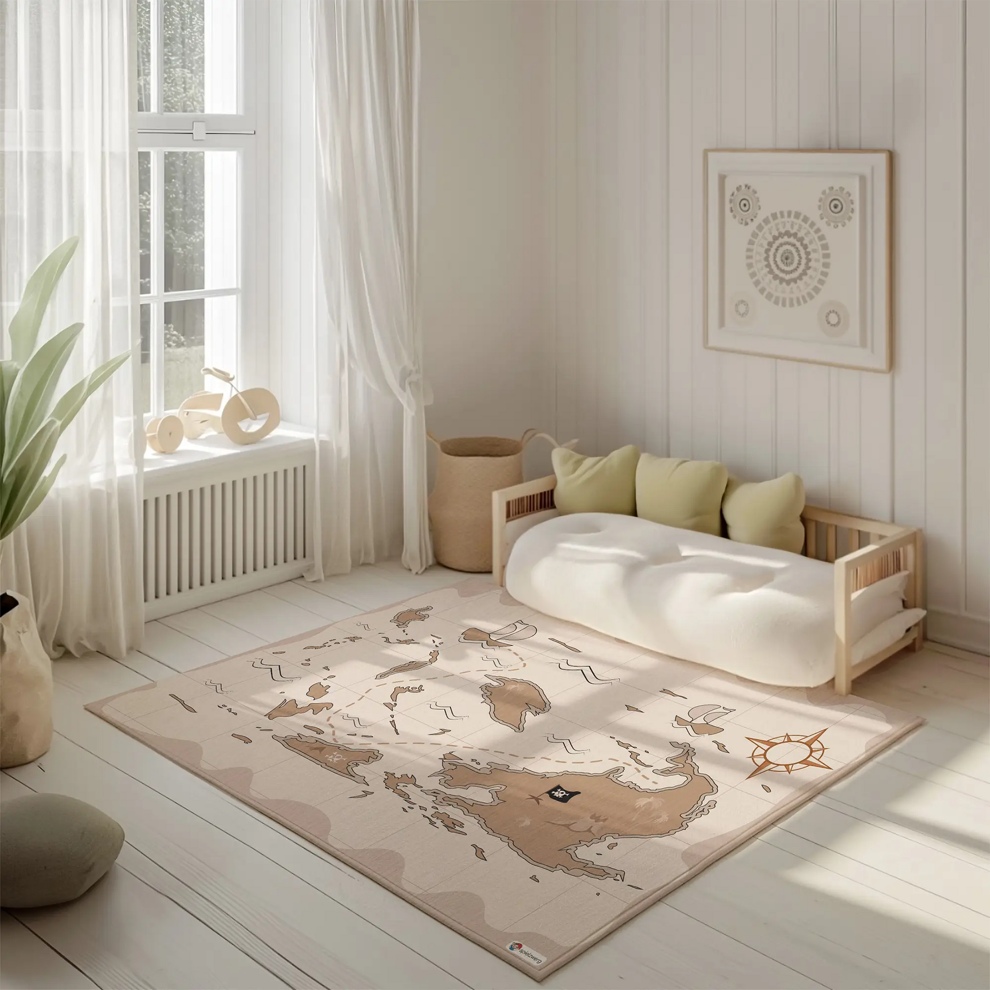 Spielteppich "Schatzkarte" von spielzwerg. Ambientebild von einem hellen, freundlichen Kinderzimmer mit weißen Holzwänden und hellem Holzboden. In der Ecke steht ein niedriges Holzbett mit weißen Decken und hellgrünen Kissen. Davor liegt der Teppich. Links steht ein kleines Holzspielzeugrad am Fenster mit weißen Vorhängen. An der Wand hängt ein gerahmtes Bild mit einem dezenten, kreisförmigen Muster. RUG-00141-XL, RUG-00141-L.