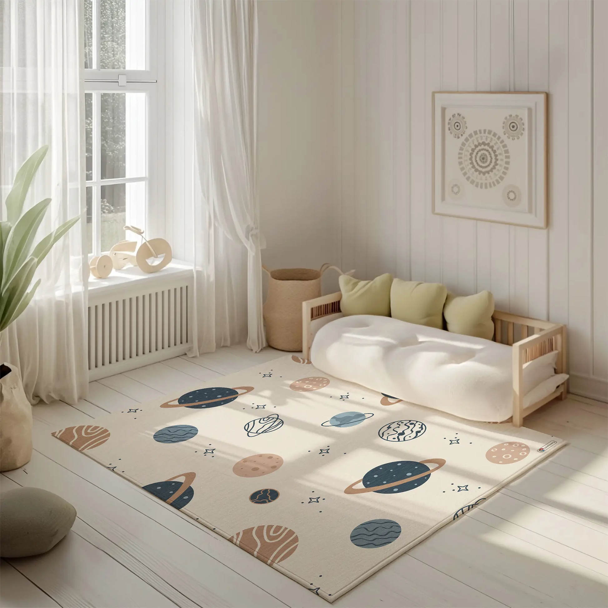 Kinderteppich "Comic Planeten" von spielzwerg. Ambientebild von einem hellen, freundlichen Kinderzimmer mit weißen Holzwänden und hellem Holzboden. In der Ecke steht ein niedriges Holzbett mit weißen Decken und hellgrünen Kissen. Davor liegt der Teppich. Links steht ein kleines Holzspielzeugrad am Fenster mit weißen Vorhängen. An der Wand hängt ein gerahmtes Bild mit einem dezenten, kreisförmigen Muster. RUG-00090-XL, RUG-00090-L.