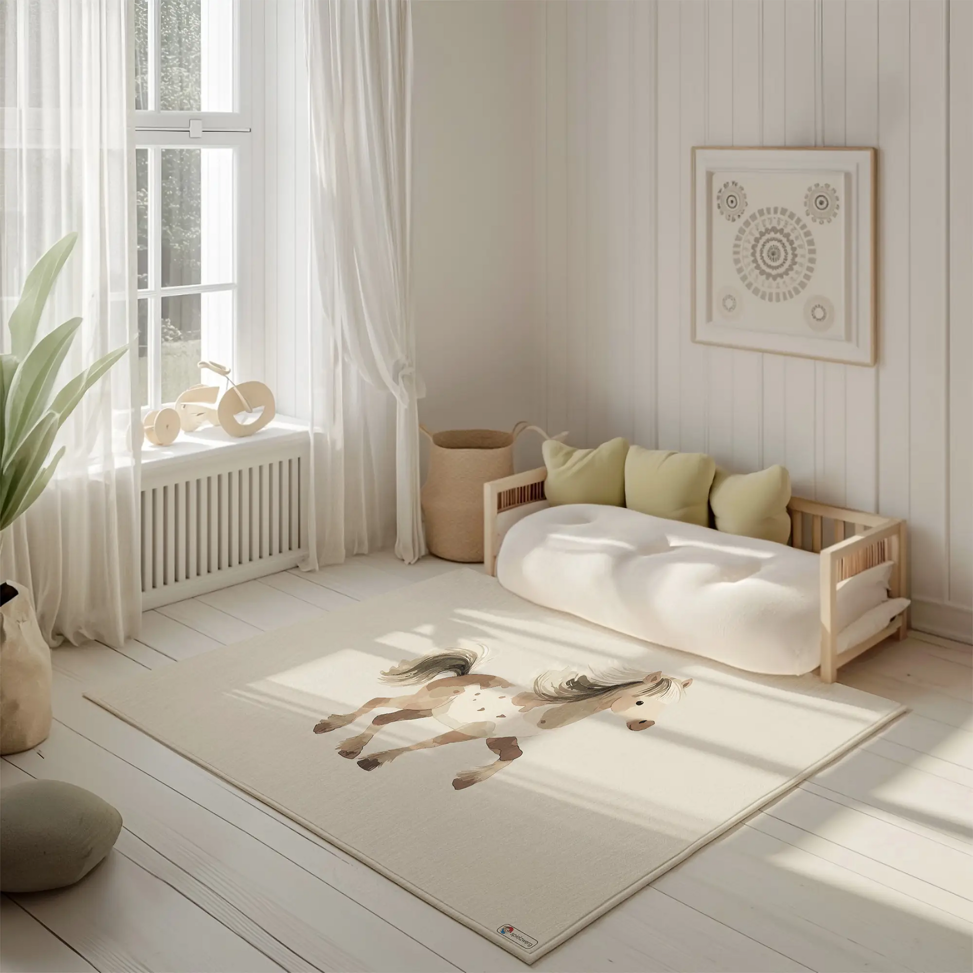 Kinderteppich "Emma" von spielzwerg. Ambientebild von einem hellen, freundlichen Kinderzimmer mit weißen Holzwänden und hellem Holzboden. In der Ecke steht ein niedriges Holzbett mit weißen Decken und hellgrünen Kissen. Davor liegt der Teppich. Links steht ein kleines Holzspielzeugrad am Fenster mit weißen Vorhängen. An der Wand hängt ein gerahmtes Bild mit einem dezenten, kreisförmigen Muster. RUG-00067-XL, RUG-00067-L.
