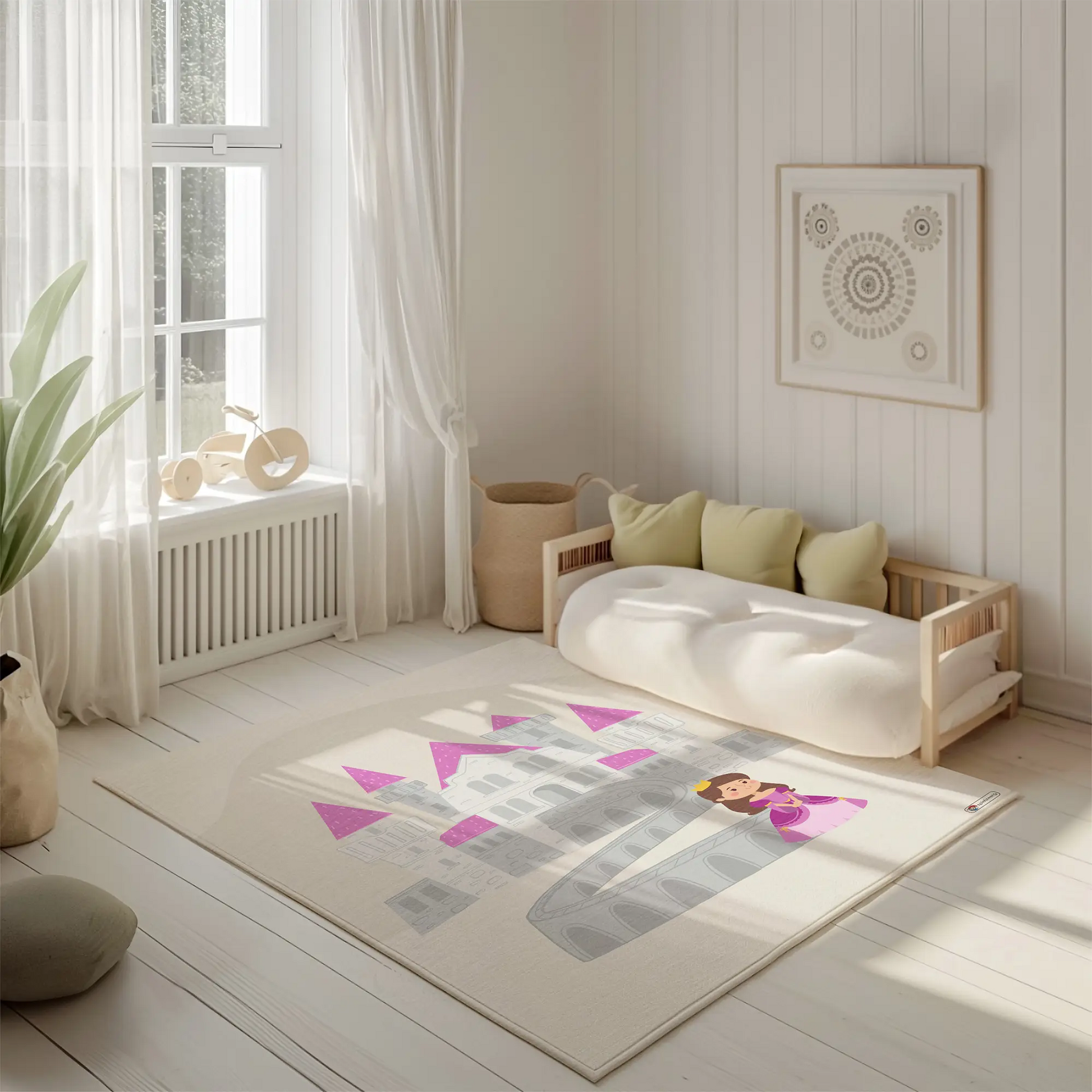 Kinderteppich "Kleine Prinzessin" von spielzwerg. Ambientebild von einem hellen, freundlichen Kinderzimmer mit weißen Holzwänden und hellem Holzboden. In der Ecke steht ein niedriges Holzbett mit weißen Decken und hellgrünen Kissen. Davor liegt der Teppich. Links steht ein kleines Holzspielzeugrad am Fenster mit weißen Vorhängen. An der Wand hängt ein gerahmtes Bild mit einem dezenten, kreisförmigen Muster. RUG-00017-XL, RUG-00017-L.
