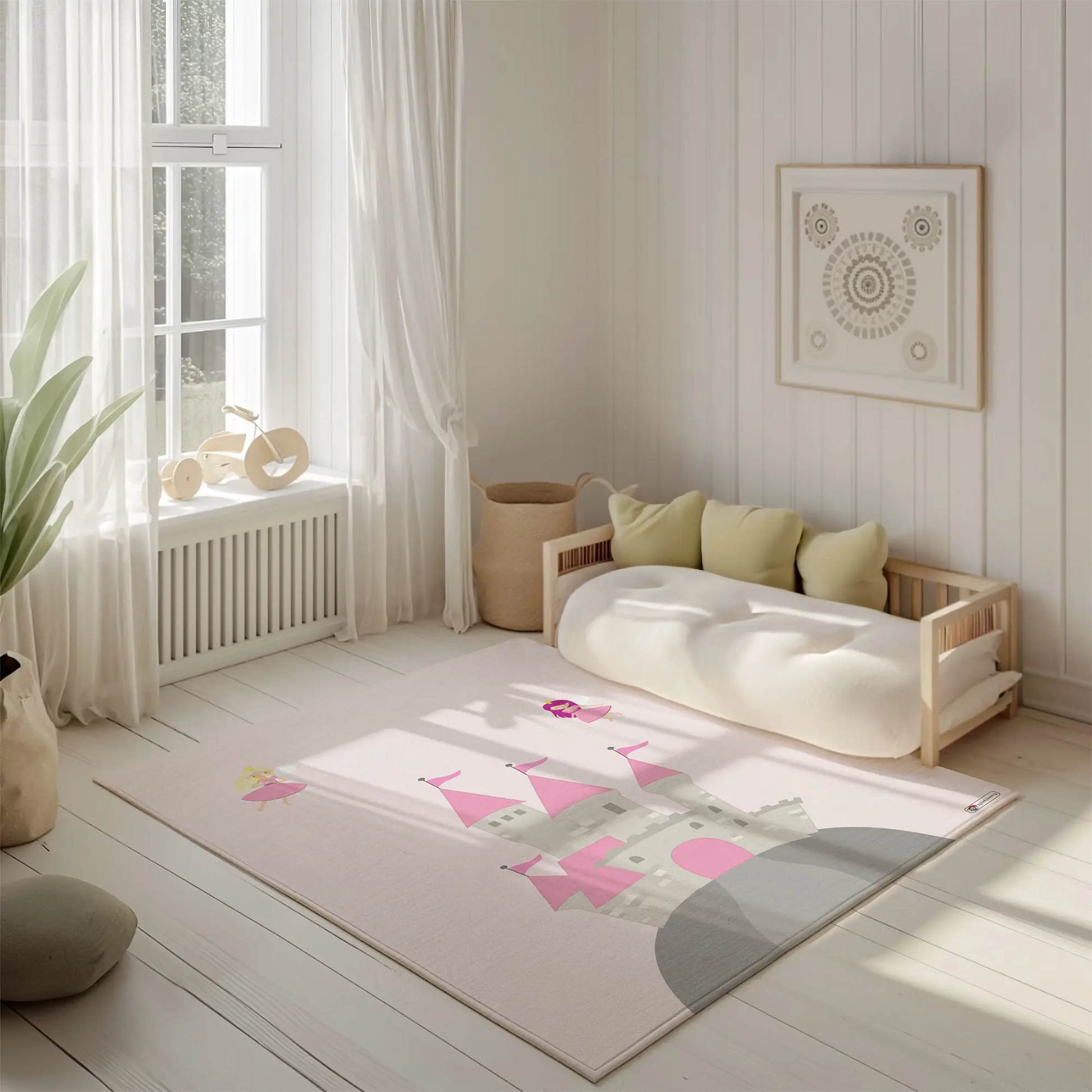 Kinderteppich "Feenschloss" von spielzwerg. Ambientebild von einem hellen, freundlichen Kinderzimmer mit weißen Holzwänden und hellem Holzboden. In der Ecke steht ein niedriges Holzbett mit weißen Decken und hellgrünen Kissen. Davor liegt der Teppich. Links steht ein kleines Holzspielzeugrad am Fenster mit weißen Vorhängen. An der Wand hängt ein gerahmtes Bild mit einem dezenten, kreisförmigen Muster. RUG-00053-XL, RUG-00053-L.
