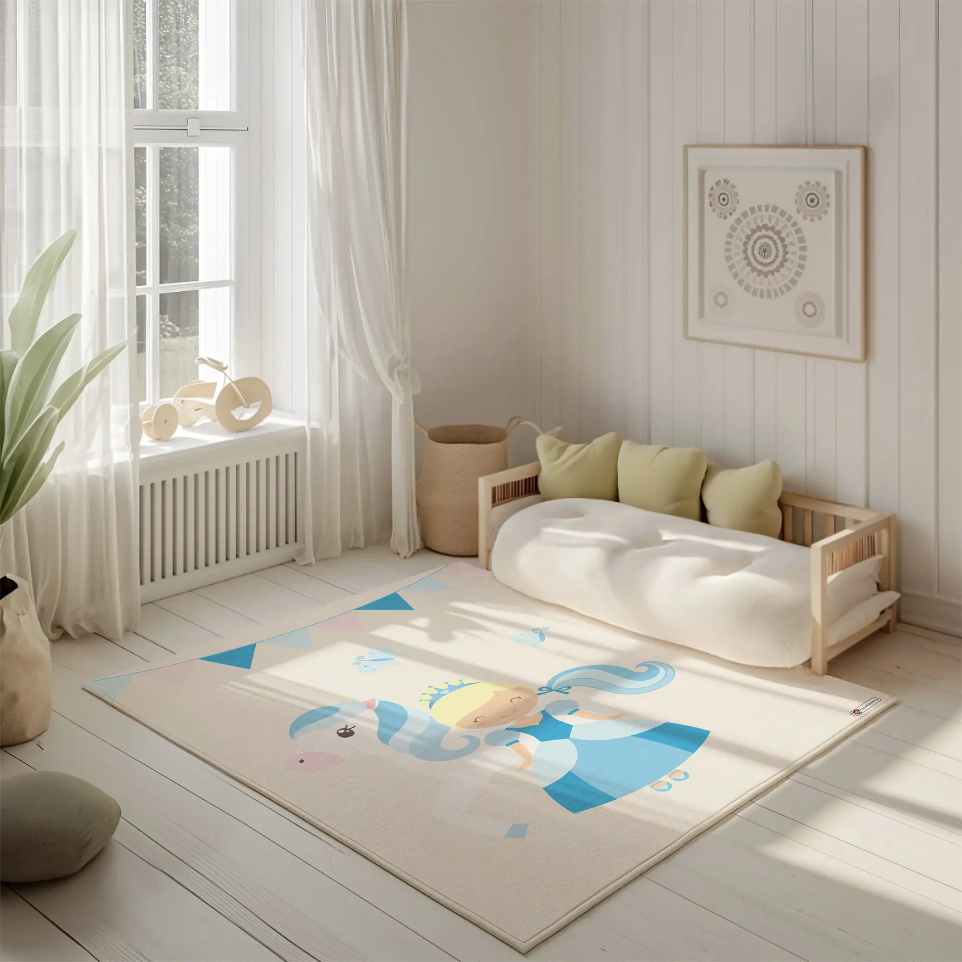 Kinderteppich "Cindy" von spielzwerg. Ambientebild von einem hellen, freundlichen Kinderzimmer mit weißen Holzwänden und hellem Holzboden. In der Ecke steht ein niedriges Holzbett mit weißen Decken und hellgrünen Kissen. Davor liegt der Teppich. Links steht ein kleines Holzspielzeugrad am Fenster mit weißen Vorhängen. An der Wand hängt ein gerahmtes Bild mit einem dezenten, kreisförmigen Muster. RUG-00051-XL, RUG-00051-L.