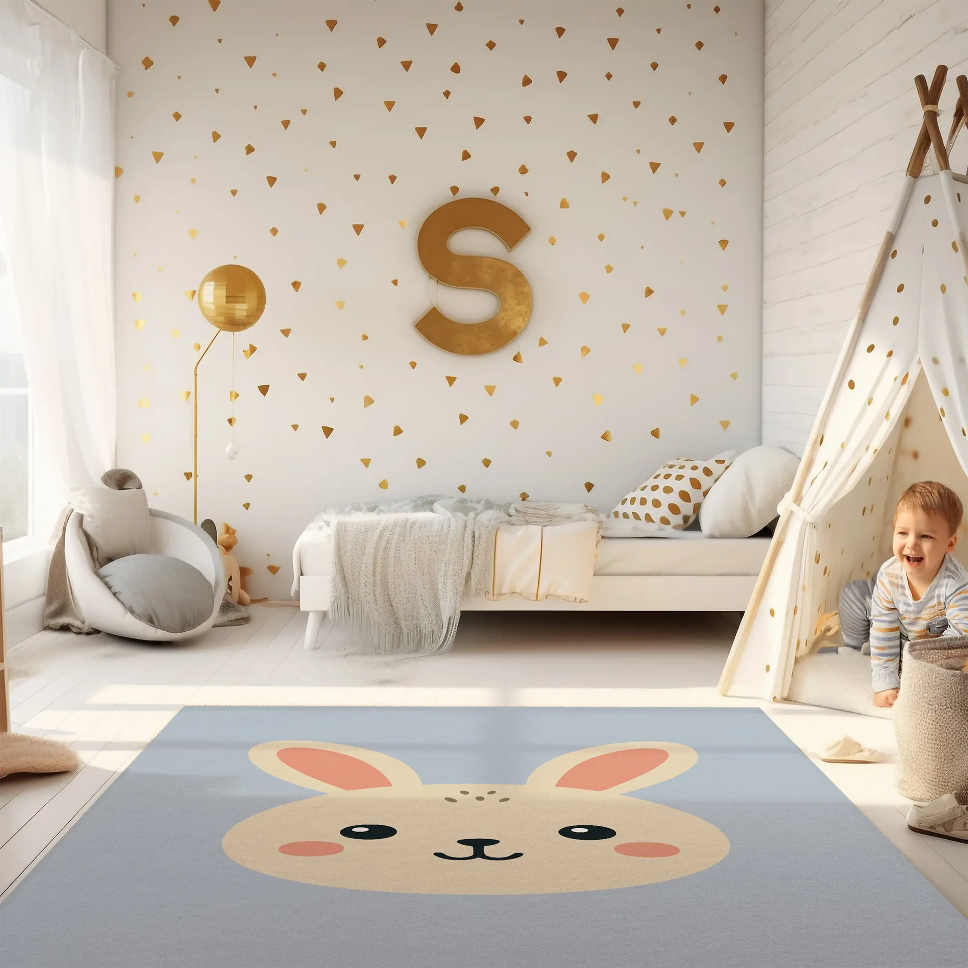 Kinderteppich "Hasi" von spielzwerg. Ambientebild von einem hellen Kinderzimmer mit weißem Holzboden und weißen Wänden, dekoriert mit goldenen Dreiecken und einem großen goldenen Buchstaben 'S'. Links steht ein gemütlicher Sessel mit Kissen und Decke, daneben eine goldene Stehlampe. In der Mitte liegt der Teppich. Rechts sitzt ein lachender Junge in einem weißen Spielzelt mit goldenen Punkten. Im Hintergrund ein schlichtes Bett mit weißer Decke und goldenen Akzenten. RUG-00129-XL, RUG-00129-L.