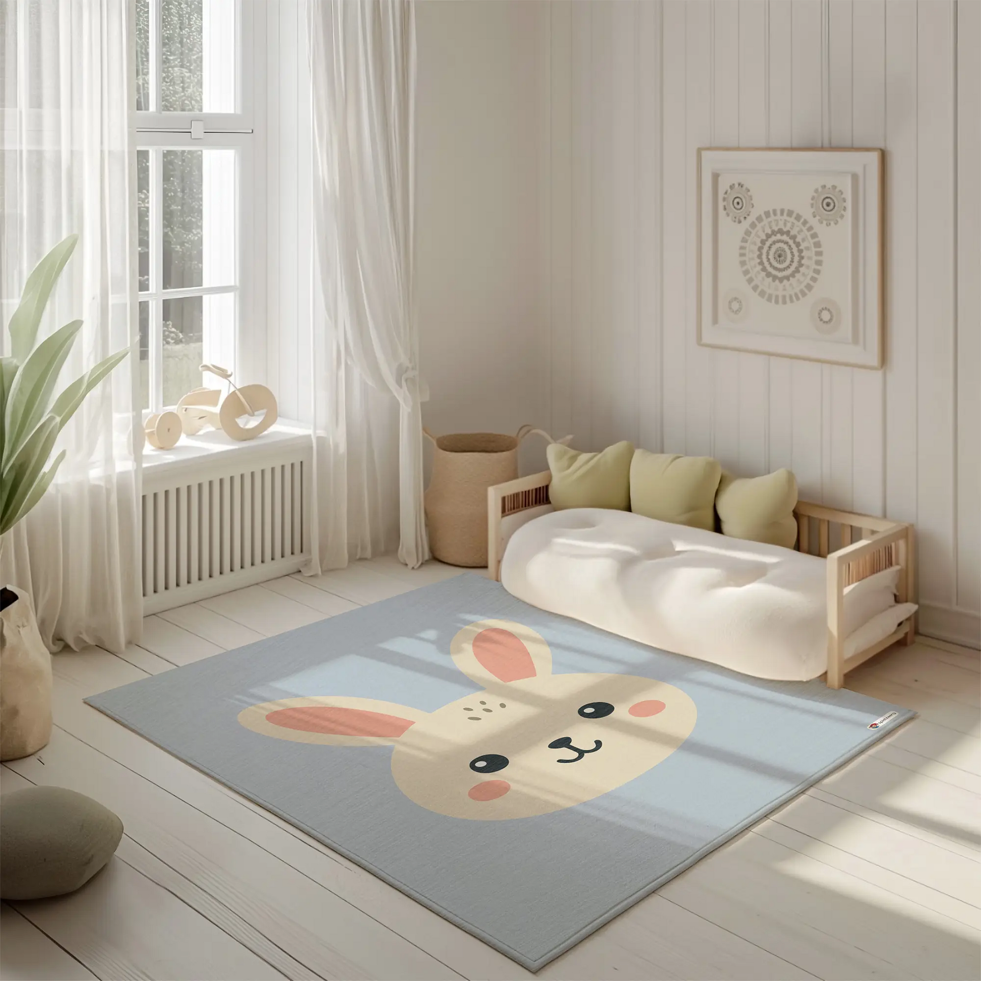 Kinderteppich "Hasi" von spielzwerg. Ambientebild von einem hellen, freundlichen Kinderzimmer mit weißen Holzwänden und hellem Holzboden. In der Ecke steht ein niedriges Holzbett mit weißen Decken und hellgrünen Kissen. Davor liegt der Teppich. Links steht ein kleines Holzspielzeugrad am Fenster mit weißen Vorhängen. An der Wand hängt ein gerahmtes Bild mit einem dezenten, kreisförmigen Muster. RUG-00129-XL, RUG-00129-L.