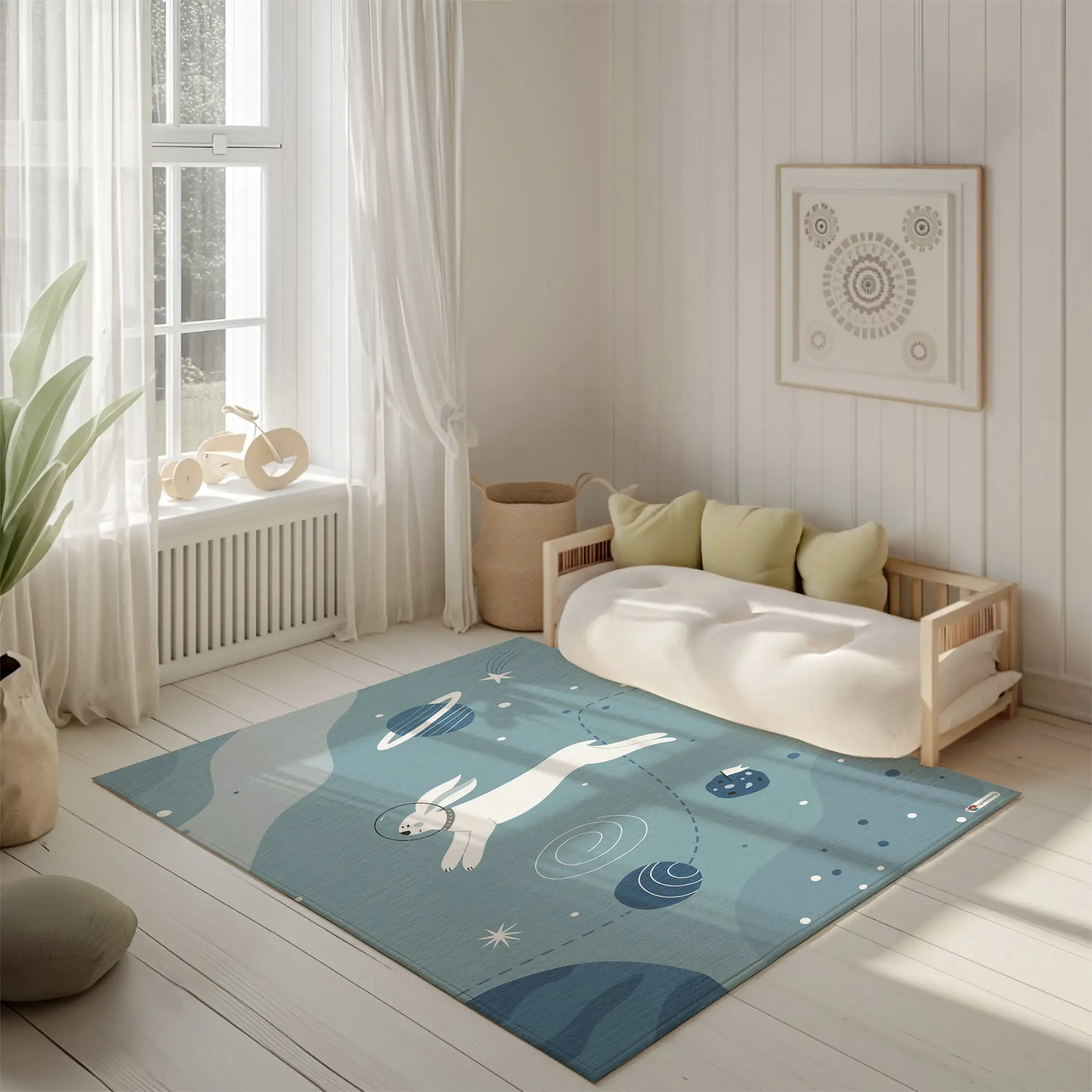 Kinderteppich "Hase im All" von spielzwerg. Ambientebild von einem hellen, freundlichen Kinderzimmer mit weißen Holzwänden und hellem Holzboden. In der Ecke steht ein niedriges Holzbett mit weißen Decken und hellgrünen Kissen. Davor liegt der Teppich. Links steht ein kleines Holzspielzeugrad am Fenster mit weißen Vorhängen. An der Wand hängt ein gerahmtes Bild mit einem dezenten, kreisförmigen Muster. RUG-00001-XL, RUG-00001-L.