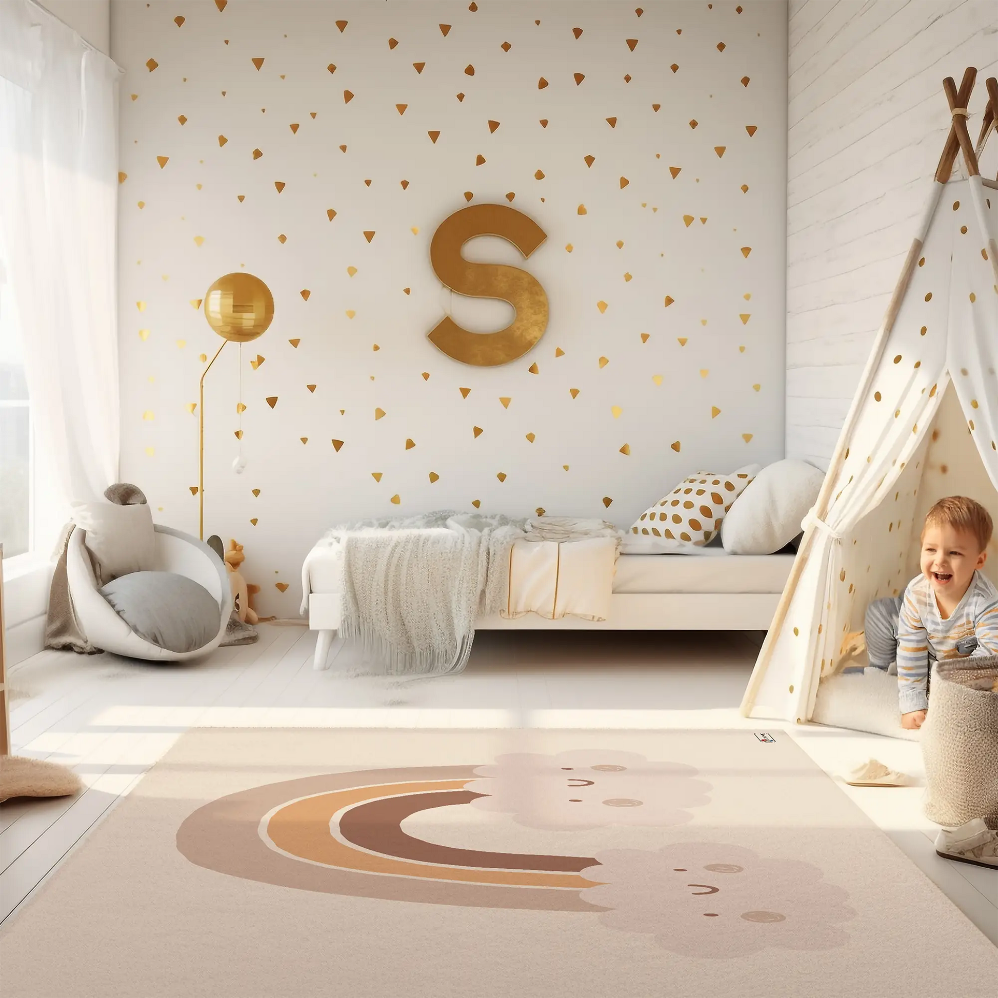 Kinderteppich "Regenbogen Twins" von spielzwerg. Ambientebild von einem hellen Kinderzimmer mit weißem Holzboden und weißen Wänden, dekoriert mit goldenen Dreiecken und einem großen goldenen Buchstaben 'S'. Links steht ein gemütlicher Sessel mit Kissen und Decke, daneben eine goldene Stehlampe. In der Mitte liegt der Teppich. Rechts sitzt ein lachender Junge in einem weißen Spielzelt mit goldenen Punkten. Im Hintergrund ein schlichtes Bett mit weißer Decke und goldenen Akzenten. RUG-00184-XL, RUG-00184-L.